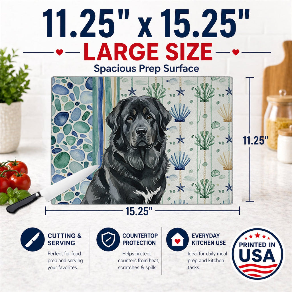 Black Tibetan Mastiff Coastal Sea Glass Cutting Board Tempered Glass Kitchen Cutting Surface, Heat Resistant Chopping, Non-Slip Feet, Food Prep & Serving