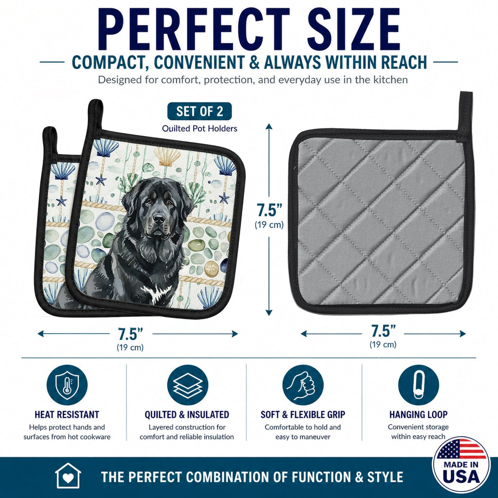 Black Tibetan Mastiff Coastal Sea Glass Pot Holder Set of 2 Heat Resistant Quilted Hot Pads 7.5 x 7.5 Inch, Insulated Kitchen Trivets for Cooking & Baking
