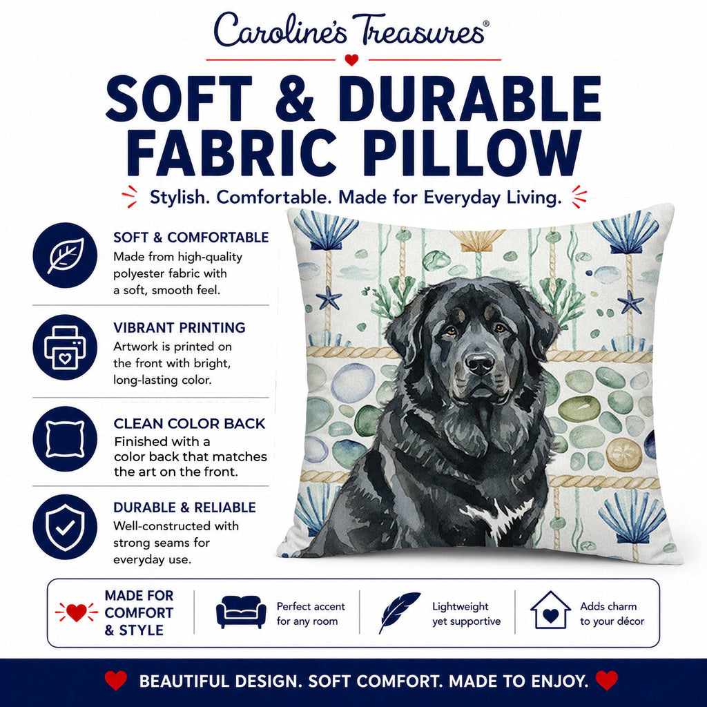 Black Tibetan Mastiff Coastal Sea Glass Decorative Throw Pillow 18x18 Indoor Outdoor Accent Cushion, Fabric Cover with Insert for Sofa, Bed, Porch & Living Room
