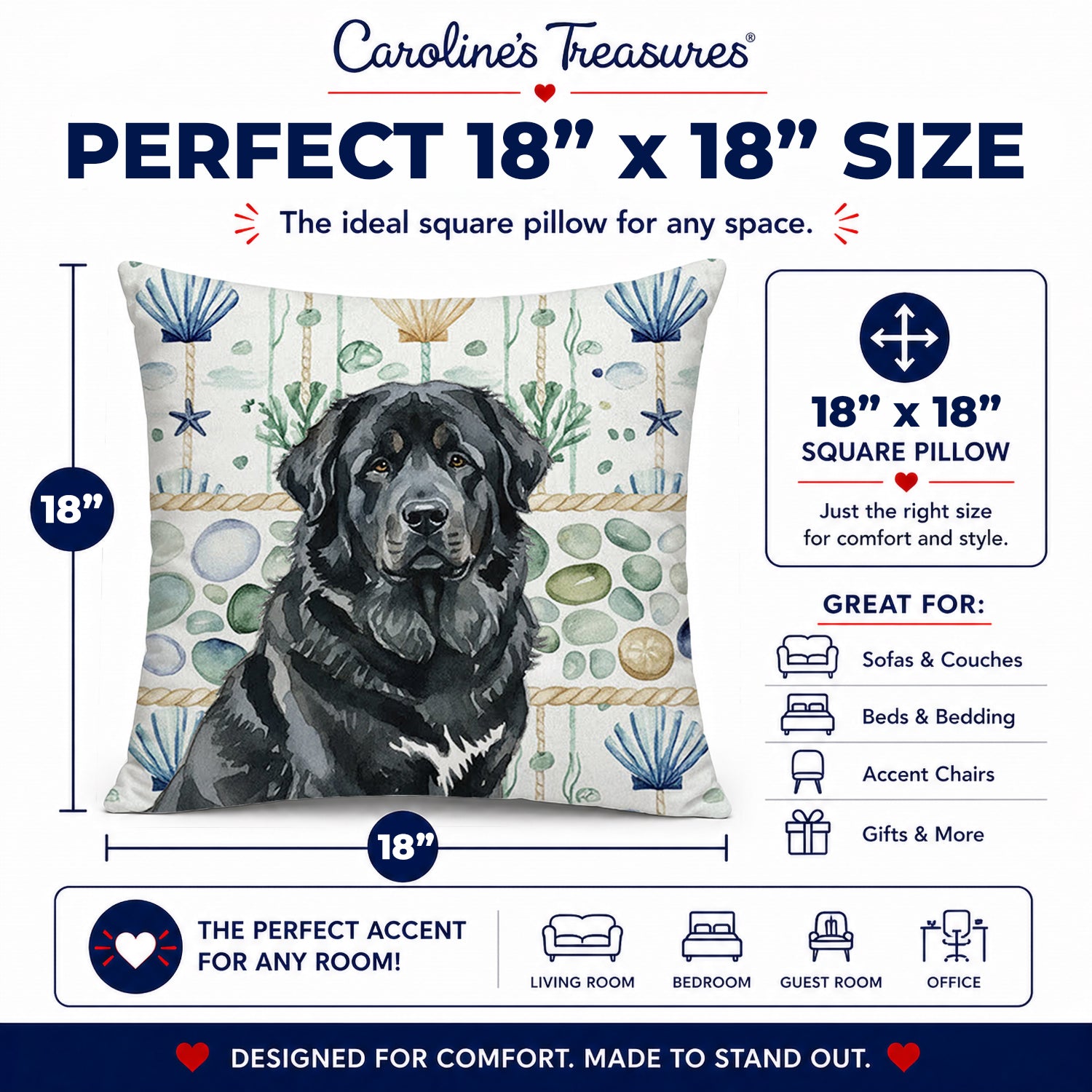 Black Tibetan Mastiff Coastal Sea Glass Decorative Throw Pillow 18x18 Indoor Outdoor Accent Cushion, Fabric Cover with Insert for Sofa, Bed, Porch & Living Room