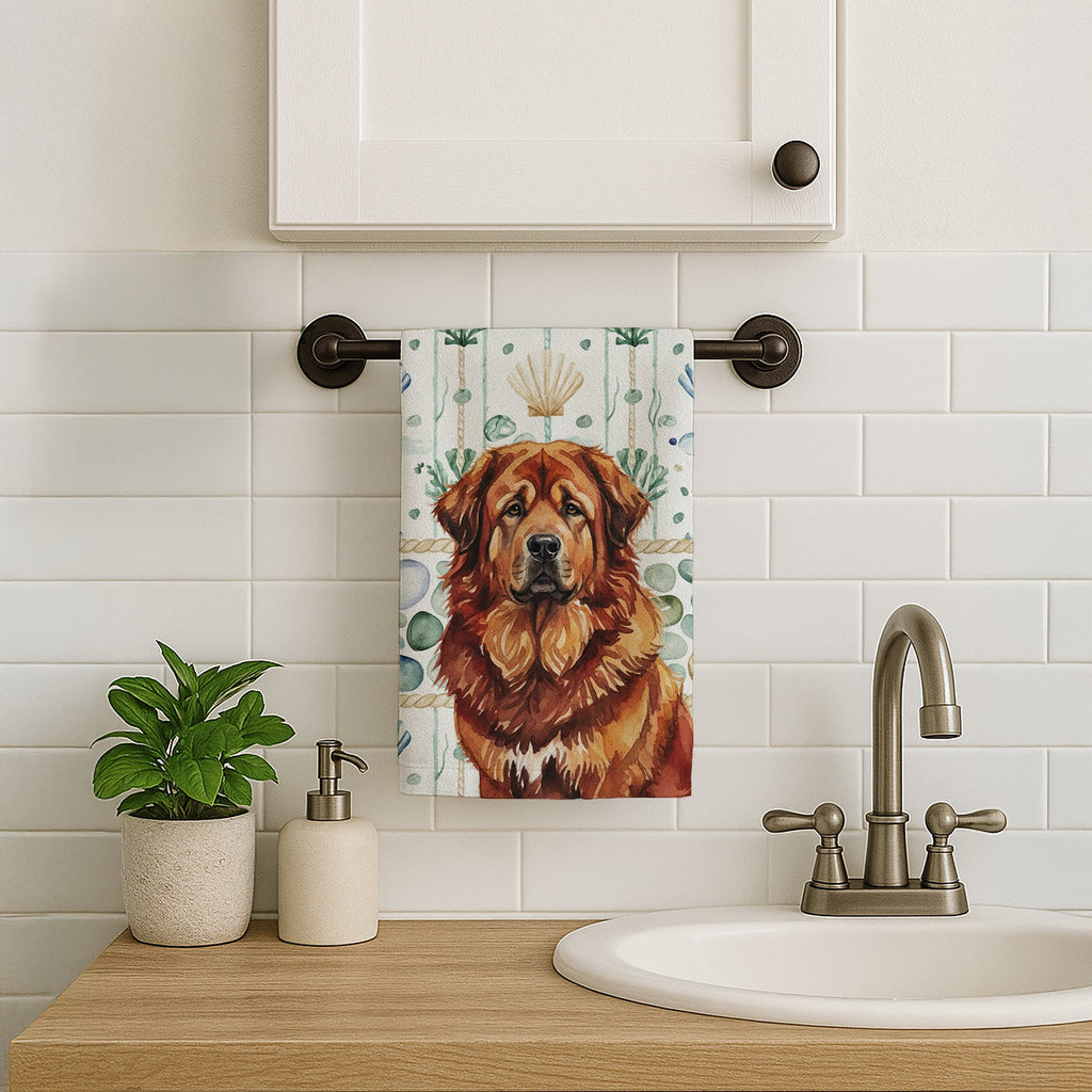Red Gold Tibetan Mastiff Coastal Sea Glass Kitchen Towel Velour Plush Front and Cotton Loop Back Machine Washable