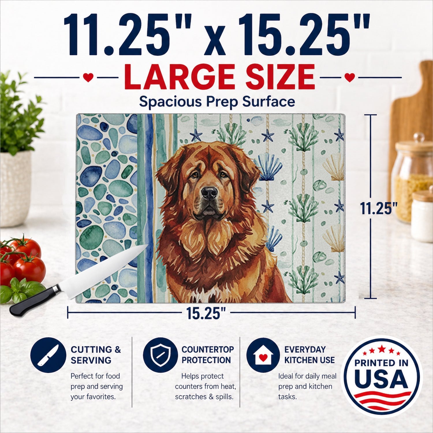 Red Gold Tibetan Mastiff Coastal Sea Glass Cutting Board Tempered Glass Kitchen Cutting Surface, Heat Resistant Chopping, Non-Slip Feet, Food Prep & Serving