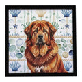 Red Gold Tibetan Mastiff Coastal Sea Glass Framed Metal Print Bathroom, Kitchen, Office, Home Decor Wall Art Ready to Hang, Square, 8X8
