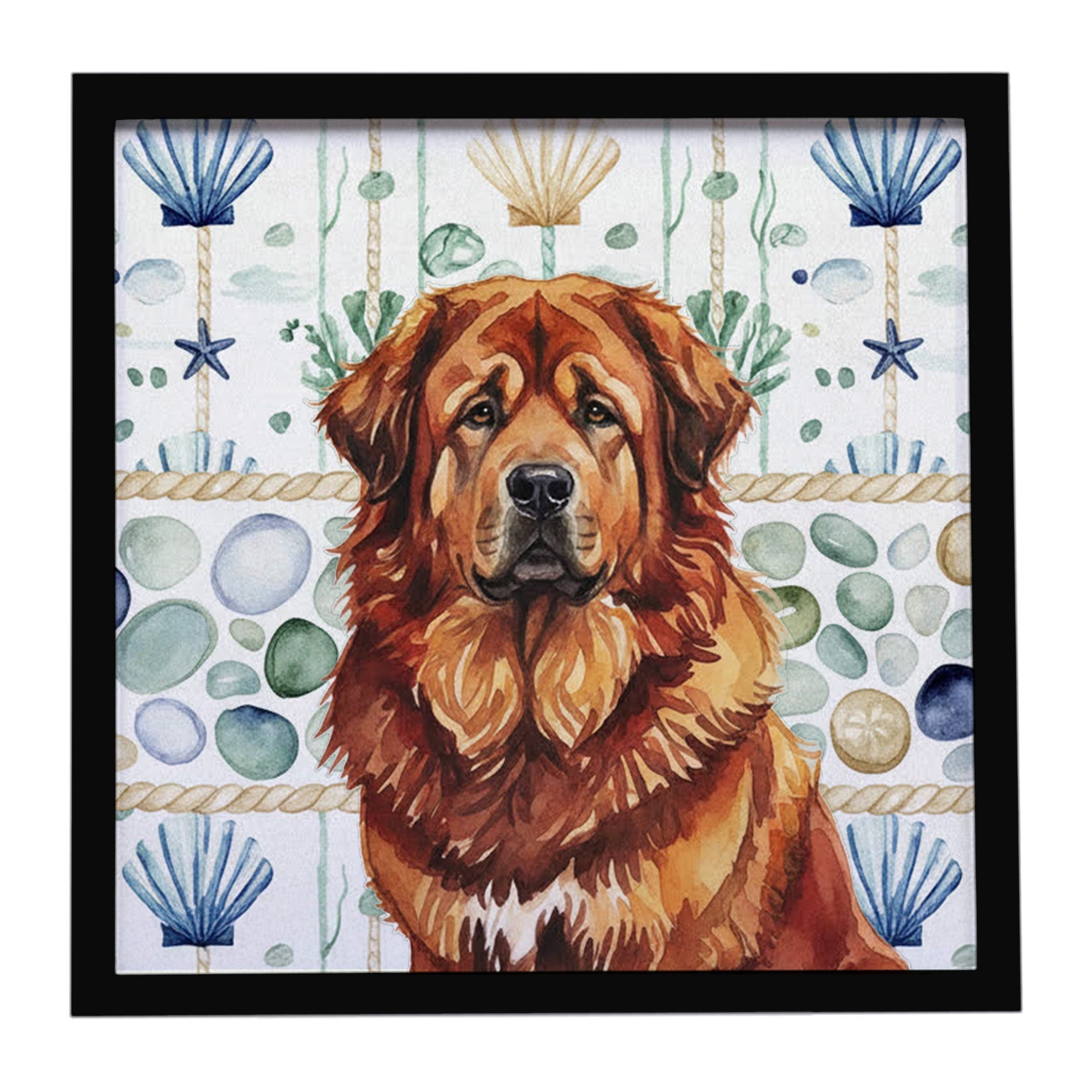 Red Gold Tibetan Mastiff Coastal Sea Glass Framed Metal Print Bathroom, Kitchen, Office, Home Decor Wall Art Ready to Hang, Square, 8X8