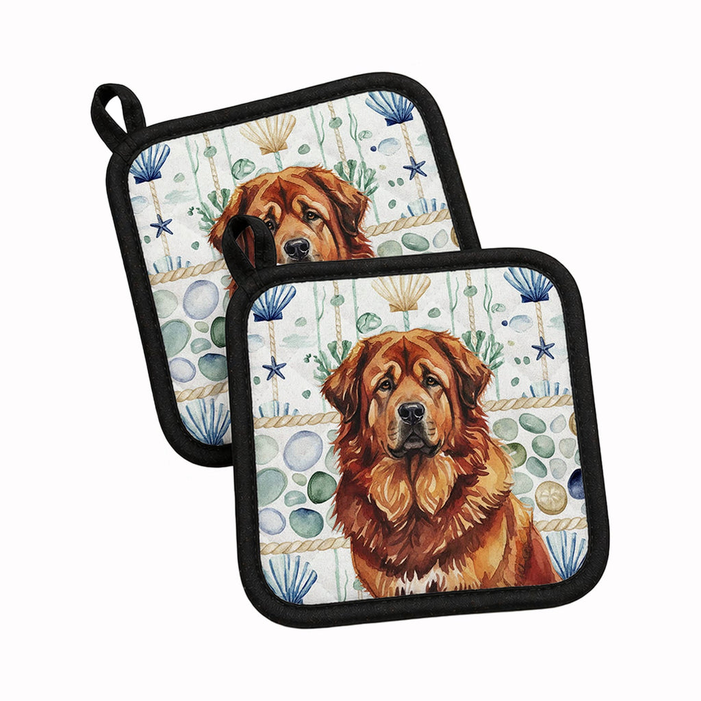 Red Gold Tibetan Mastiff Coastal Sea Glass Pot Holder Set of 2 Heat Resistant Quilted Hot Pads 7.5 x 7.5 Inch, Insulated Kitchen Trivets for Cooking & Baking