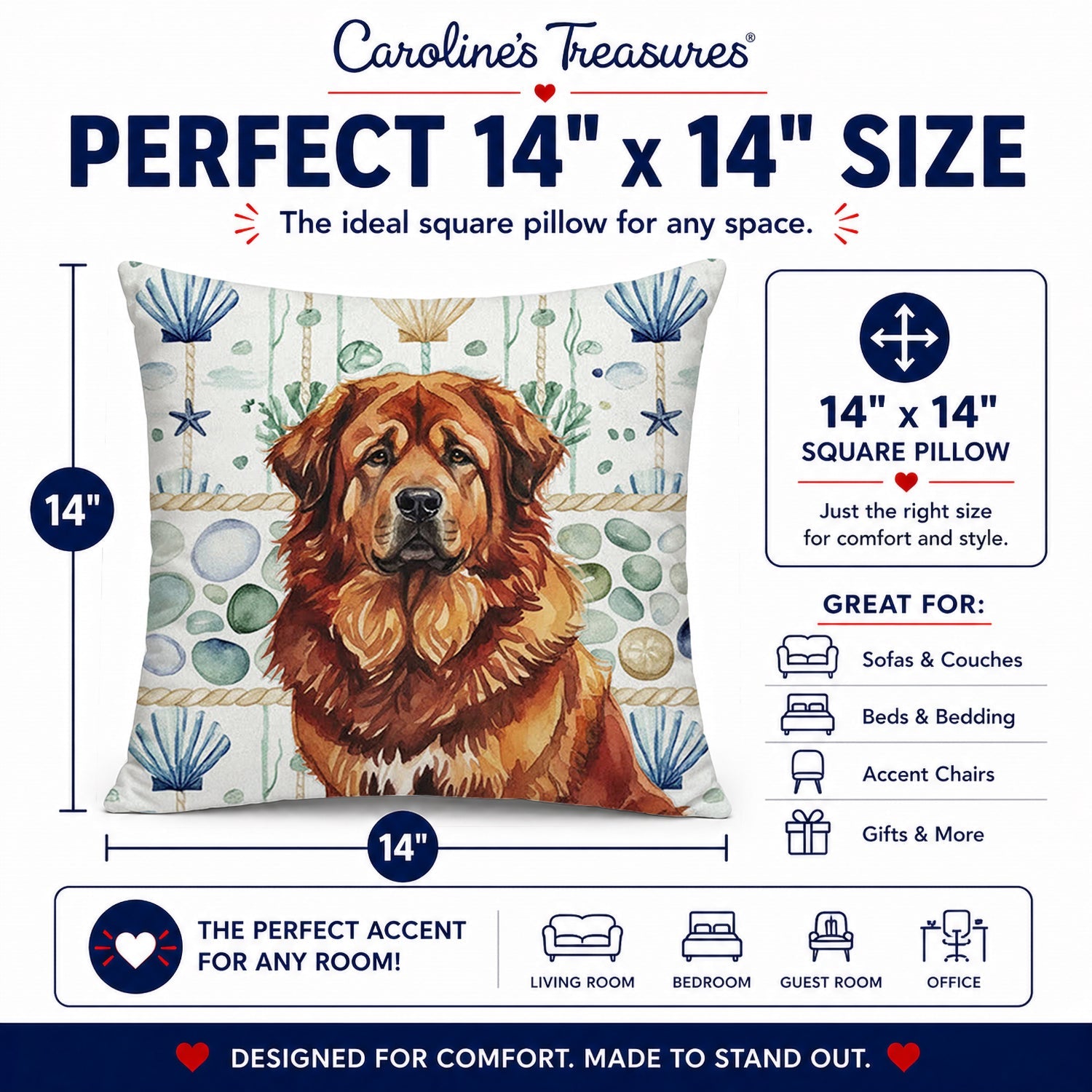 Red Gold Tibetan Mastiff Coastal Sea Glass Decorative Throw Pillow 14x14 Indoor Outdoor Accent Cushion, Fabric Cover with Insert for Sofa, Bed, Porch & Living Room