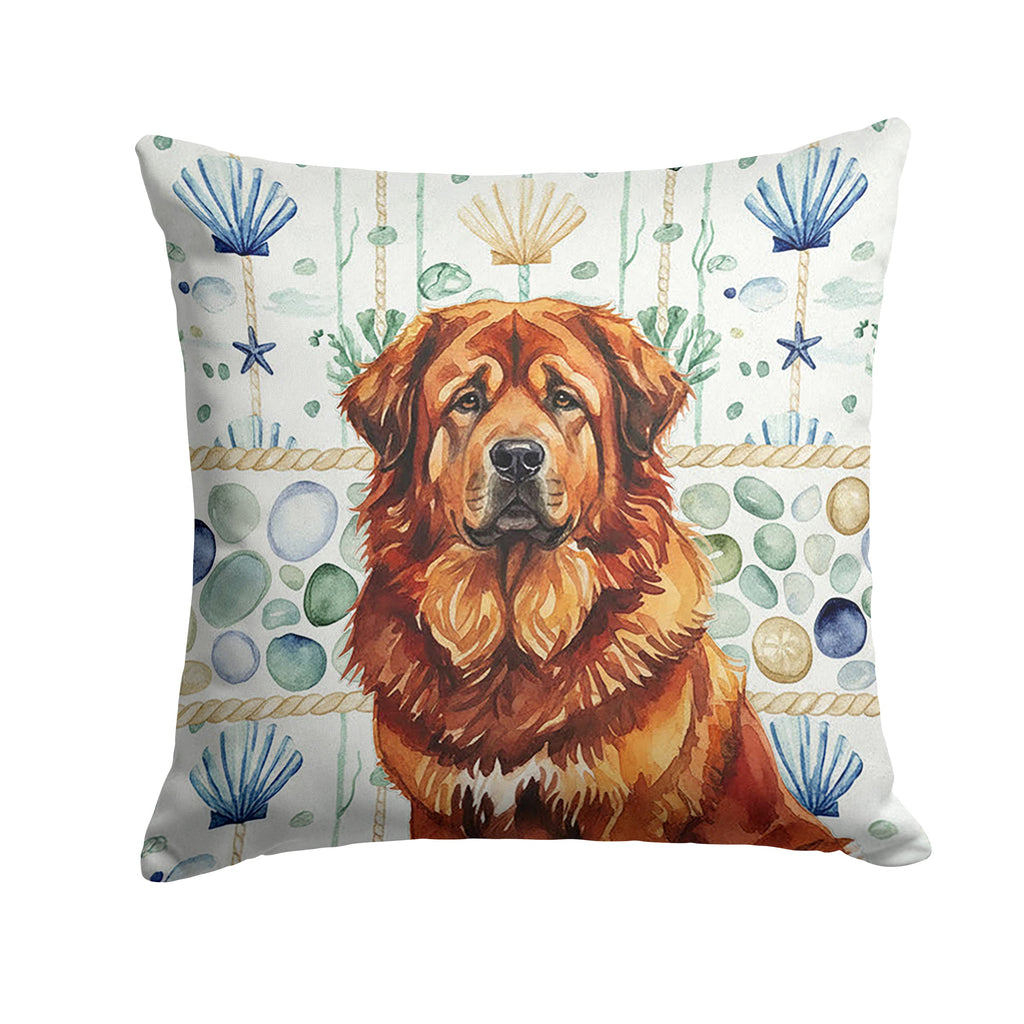 Red Gold Tibetan Mastiff Coastal Sea Glass Decorative Throw Pillow 14x14 Indoor Outdoor Accent Cushion, Fabric Cover with Insert for Sofa, Bed, Porch & Living Room
