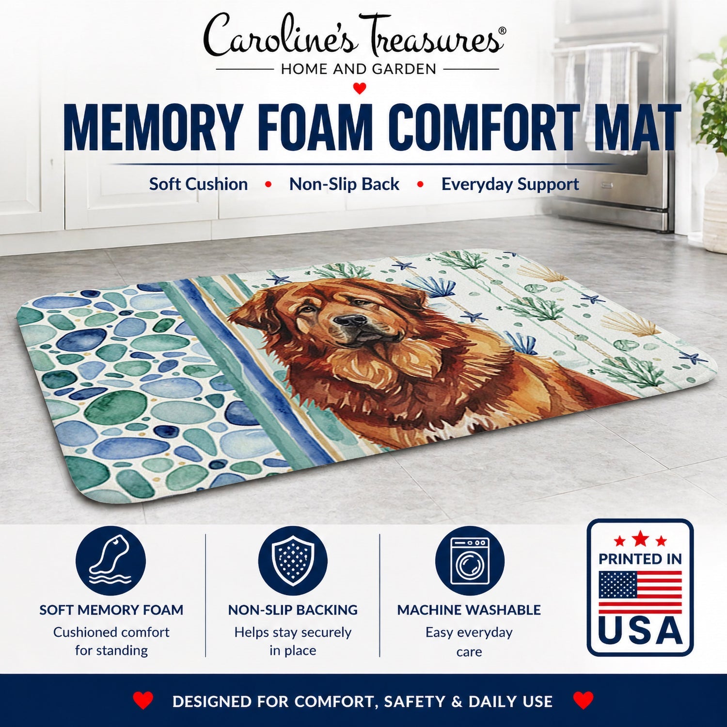 Red Gold Tibetan Mastiff Coastal Sea Glass Memory Foam Kitchen Mat Machine Washable Anti-Fatigue Cushion Comfort Bath or Kitchen Rug