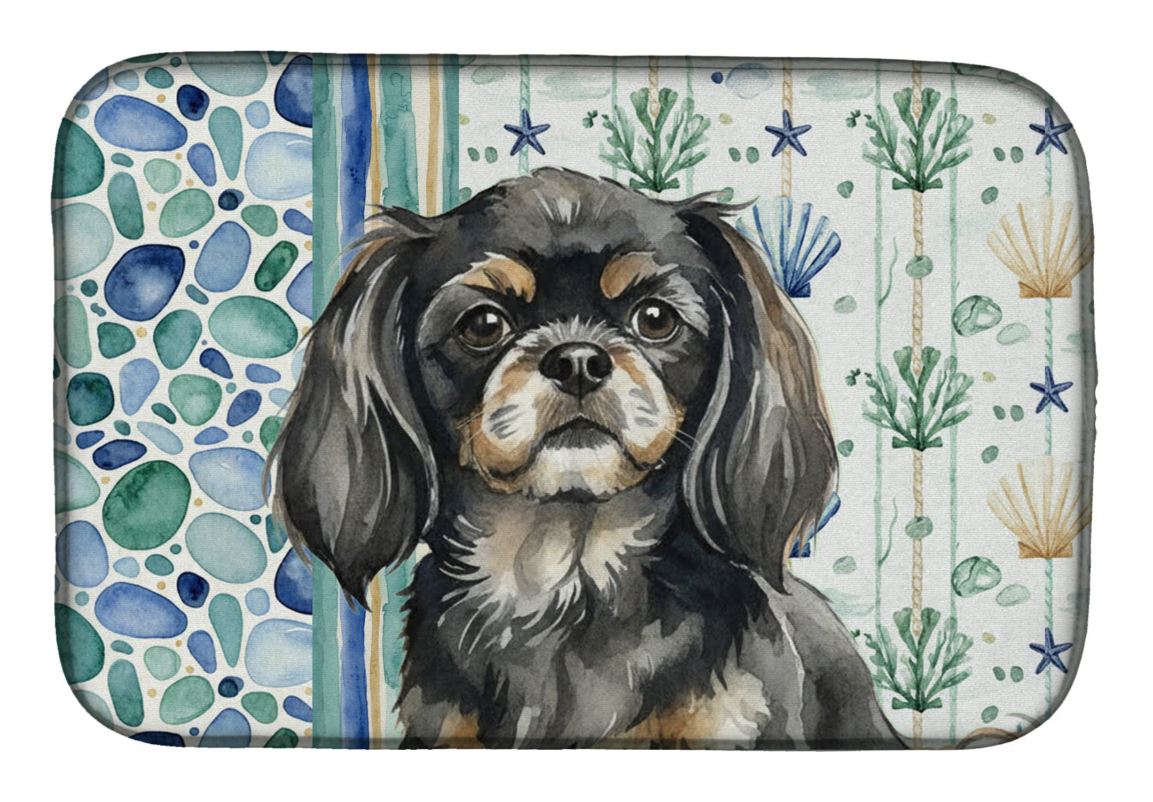 Black and Tan Tibetan Spaniel Coastal Sea Glass Dish Drying Mat Absorbent Dish Drying Mat Pad for Kitchen Counter Dish Drainer Mat for Countertop, 14 x 21", Multicolor