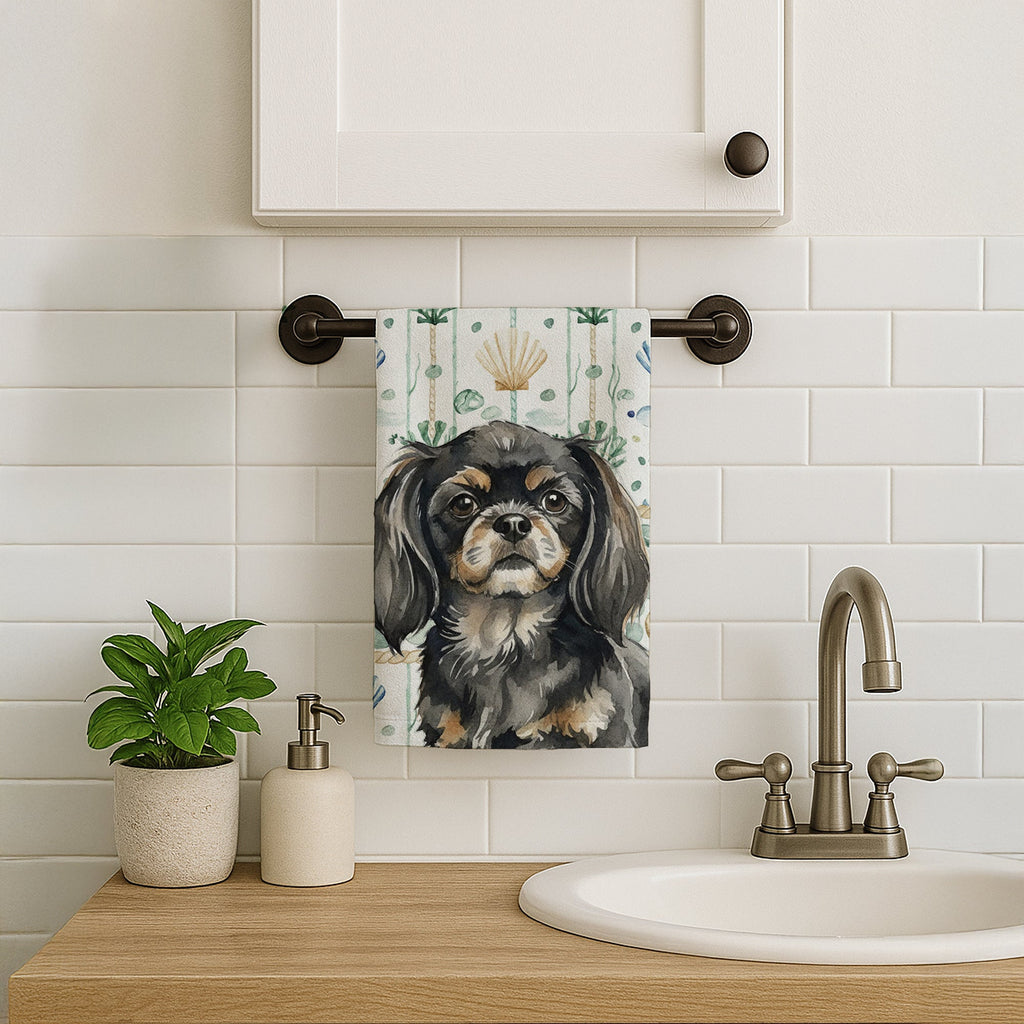 Black and Tan Tibetan Spaniel Coastal Sea Glass Kitchen Towel Velour Plush Front and Cotton Loop Back Machine Washable