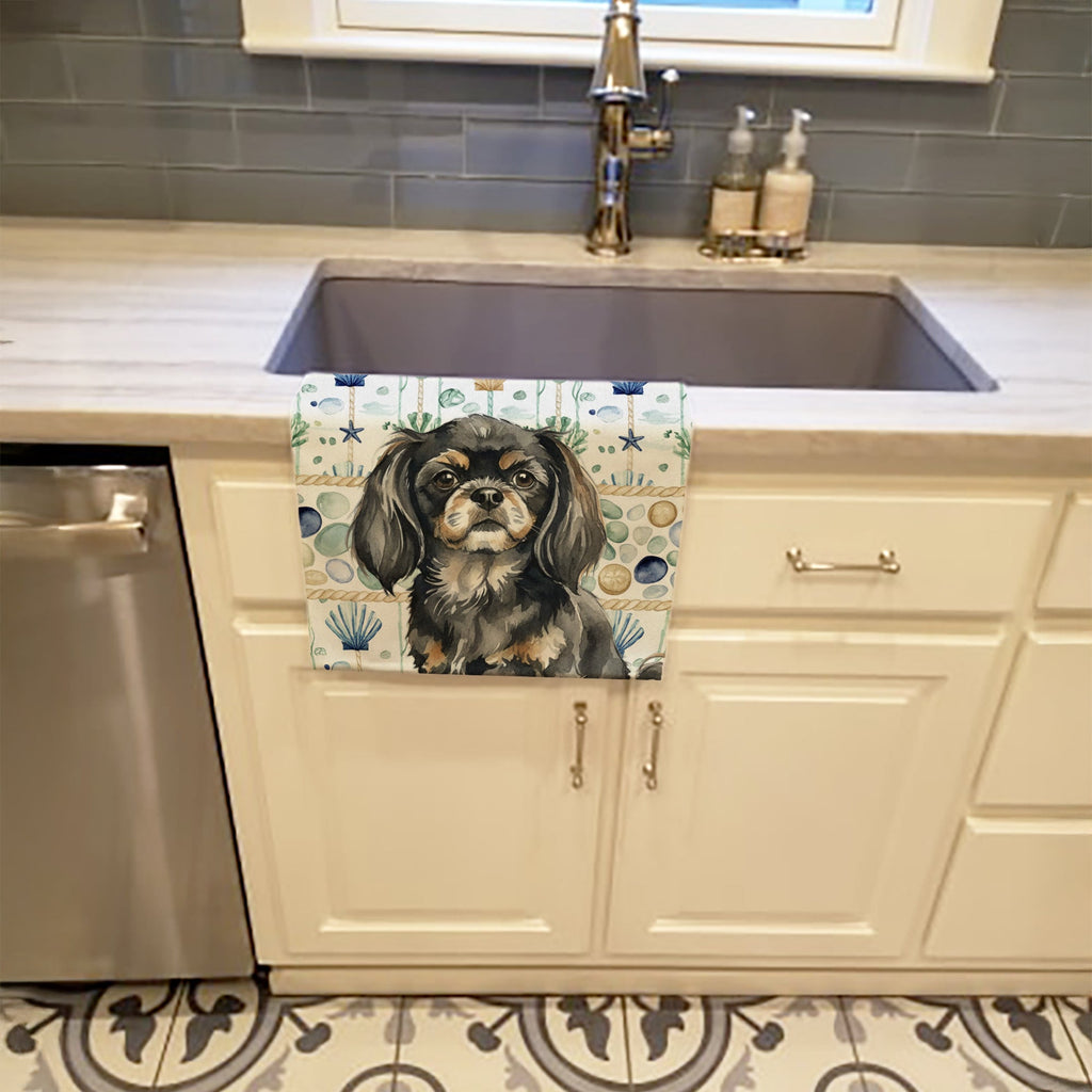 Black and Tan Tibetan Spaniel Coastal Sea Glass Kitchen Towel Velour Plush Front and Cotton Loop Back Machine Washable