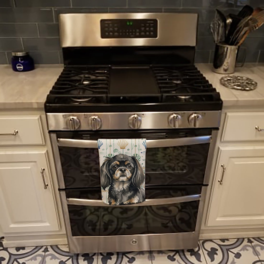Black and Tan Tibetan Spaniel Coastal Sea Glass Kitchen Towel Velour Plush Front and Cotton Loop Back Machine Washable