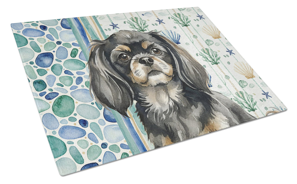 Black and Tan Tibetan Spaniel Coastal Sea Glass Cutting Board Tempered Glass Kitchen Cutting Surface, Heat Resistant Chopping, Non-Slip Feet, Food Prep & Serving