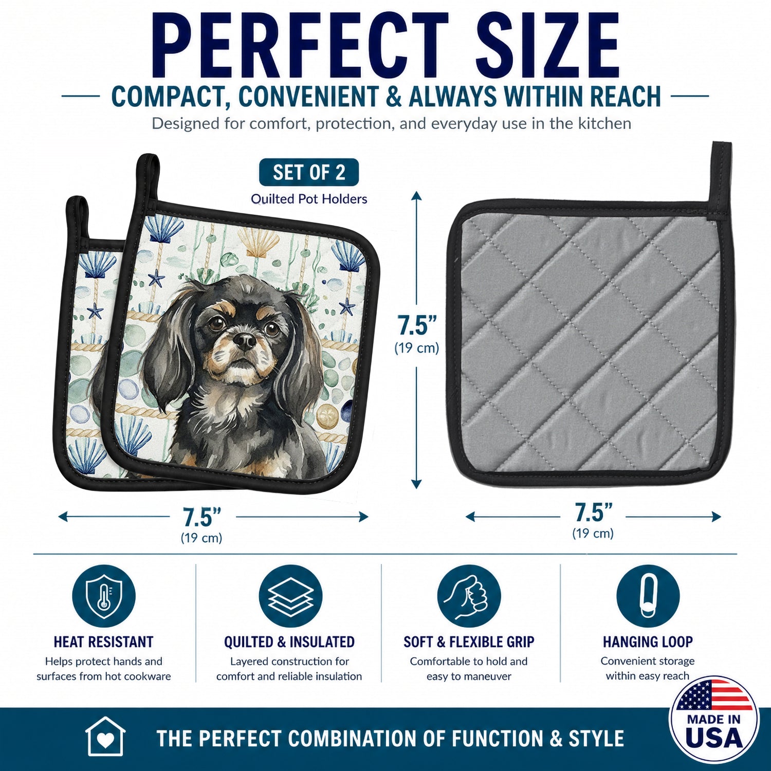 Black and Tan Tibetan Spaniel Coastal Sea Glass Pot Holder Set of 2 Heat Resistant Quilted Hot Pads 7.5 x 7.5 Inch, Insulated Kitchen Trivets for Cooking & Baking