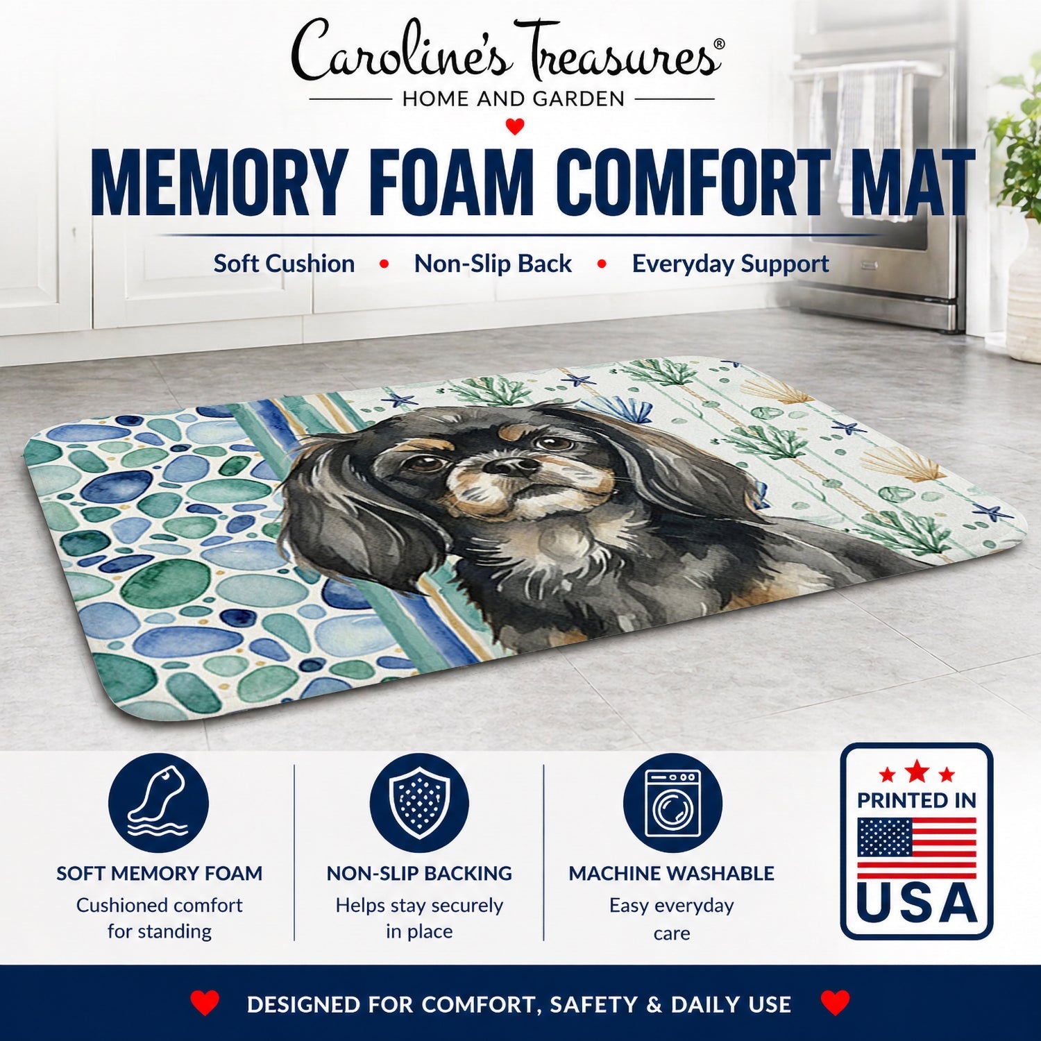Black and Tan Tibetan Spaniel Coastal Sea Glass Memory Foam Kitchen Mat Machine Washable Anti-Fatigue Cushion Comfort Bath or Kitchen Rug