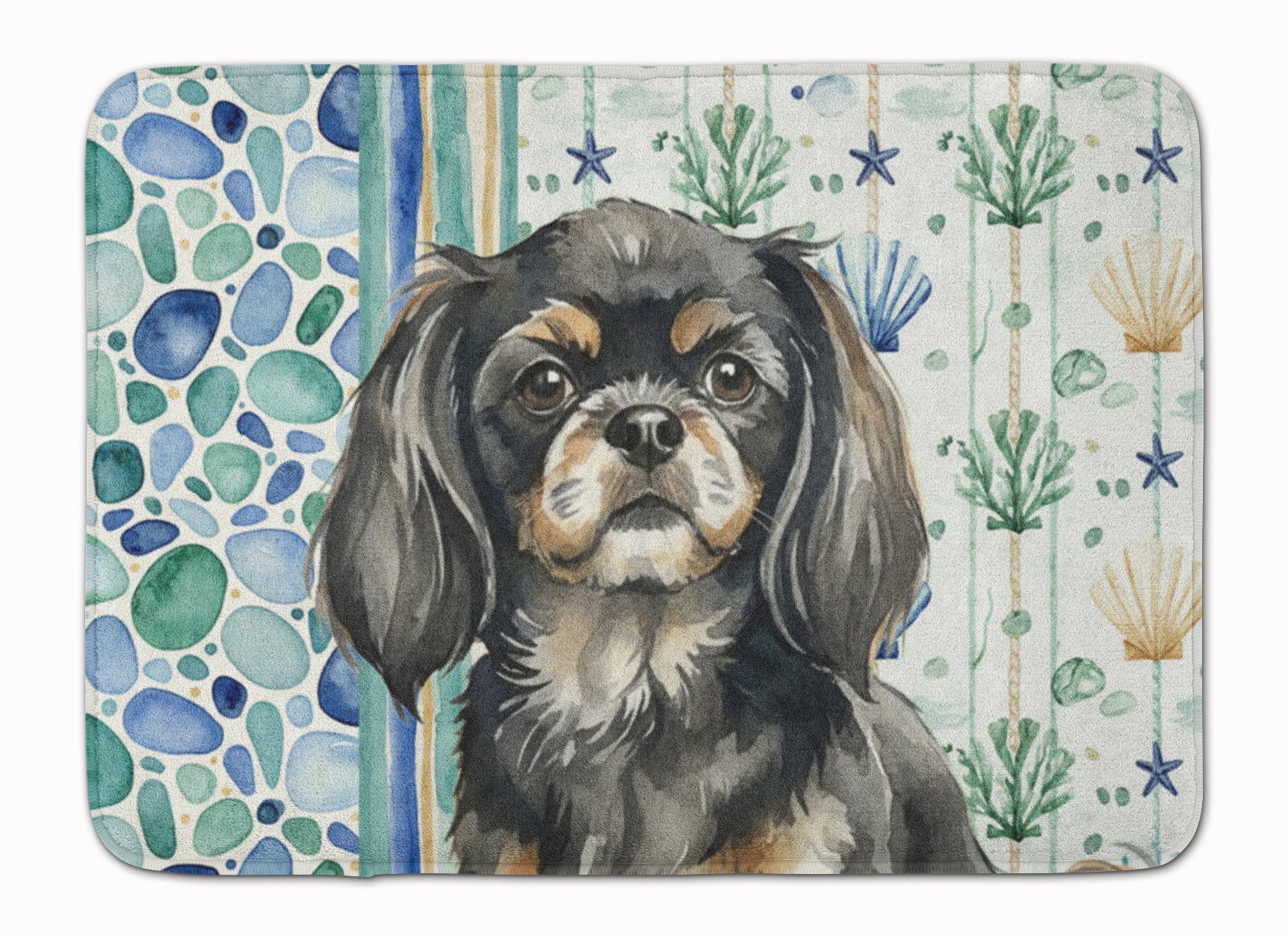 Black and Tan Tibetan Spaniel Coastal Sea Glass Memory Foam Kitchen Mat Machine Washable Anti-Fatigue Cushion Comfort Bath or Kitchen Rug