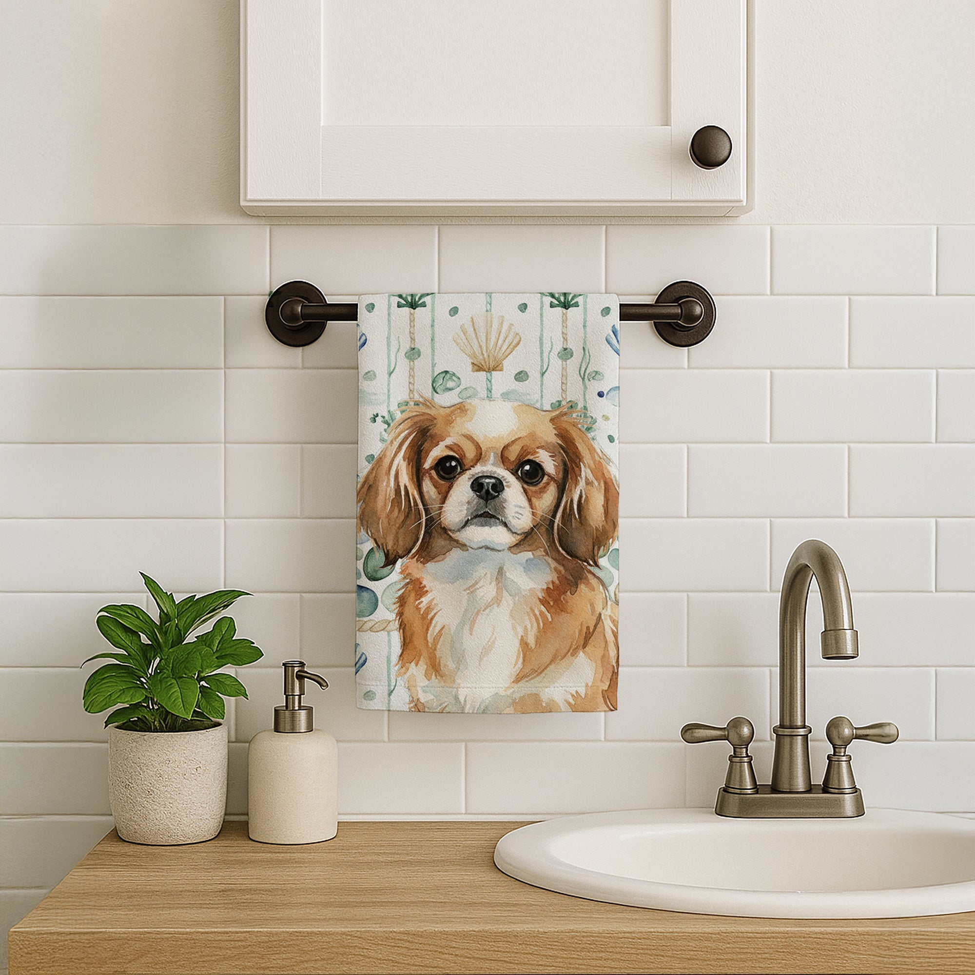 Tibetan Spaniel Coastal Sea Glass Kitchen Towel Velour Plush Front and Cotton Loop Back Machine Washable