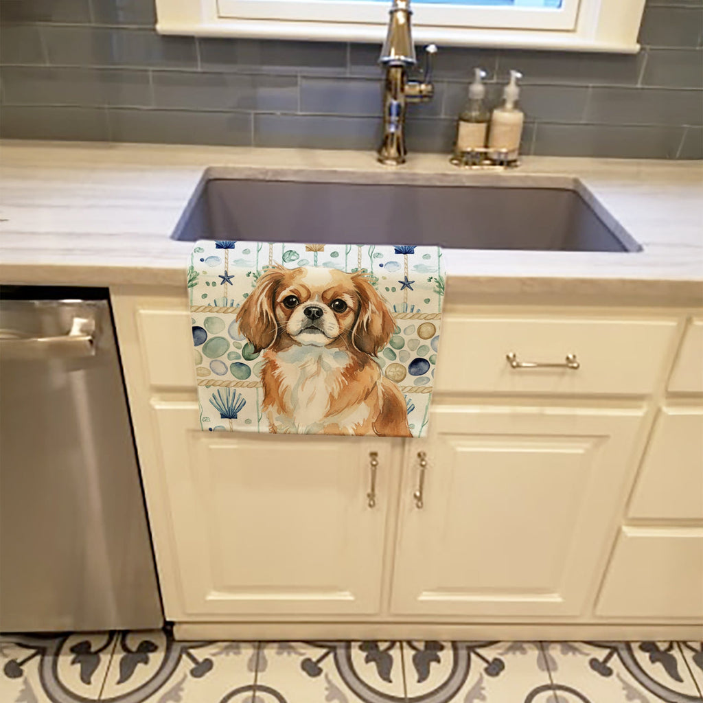 Tibetan Spaniel Coastal Sea Glass Kitchen Towel Velour Plush Front and Cotton Loop Back Machine Washable