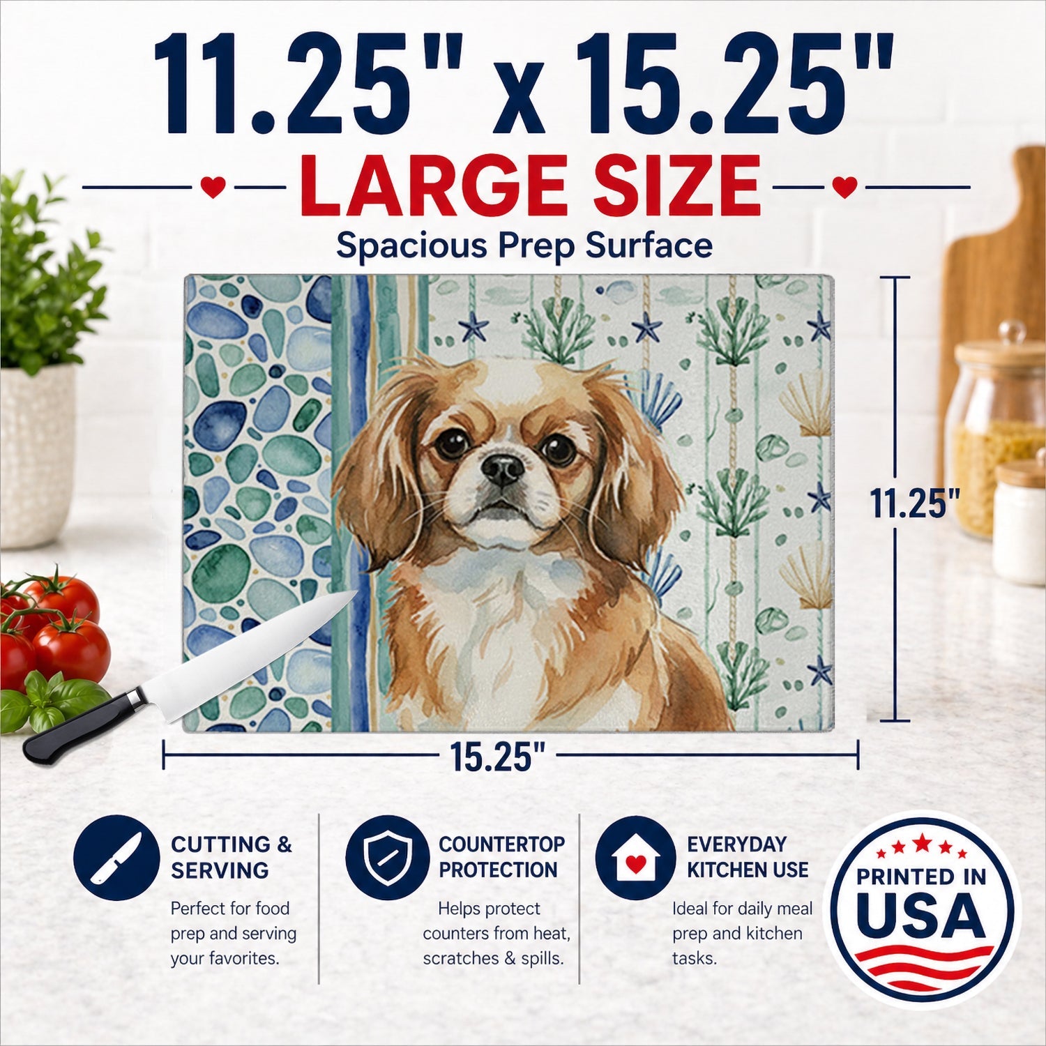Tibetan Spaniel Coastal Sea Glass Cutting Board Tempered Glass Kitchen Cutting Surface, Heat Resistant Chopping, Non-Slip Feet, Food Prep & Serving