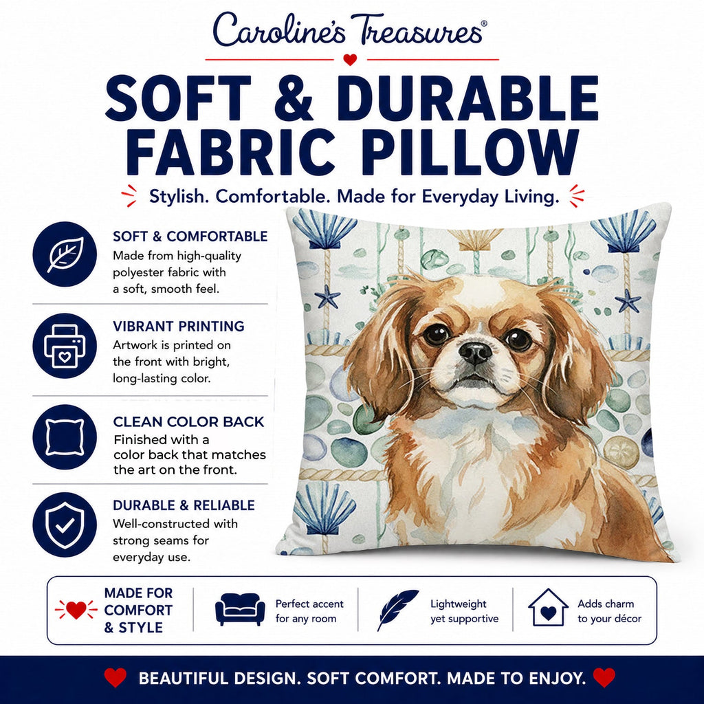 Tibetan Spaniel Coastal Sea Glass Decorative Throw Pillow 14x14 Indoor Outdoor Accent Cushion, Fabric Cover with Insert for Sofa, Bed, Porch & Living Room