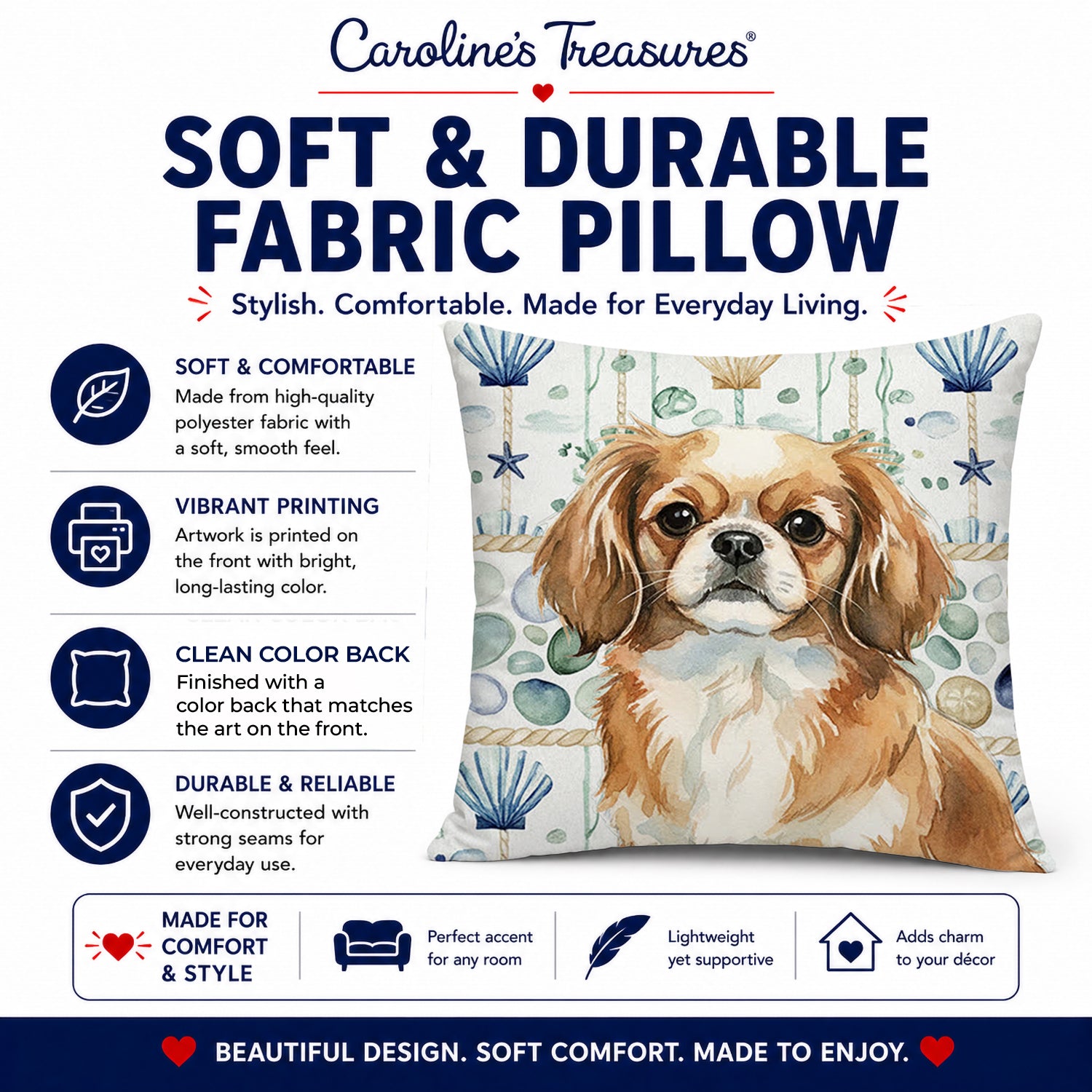 Tibetan Spaniel Coastal Sea Glass Decorative Throw Pillow 18x18 Indoor Outdoor Accent Cushion, Fabric Cover with Insert for Sofa, Bed, Porch & Living Room