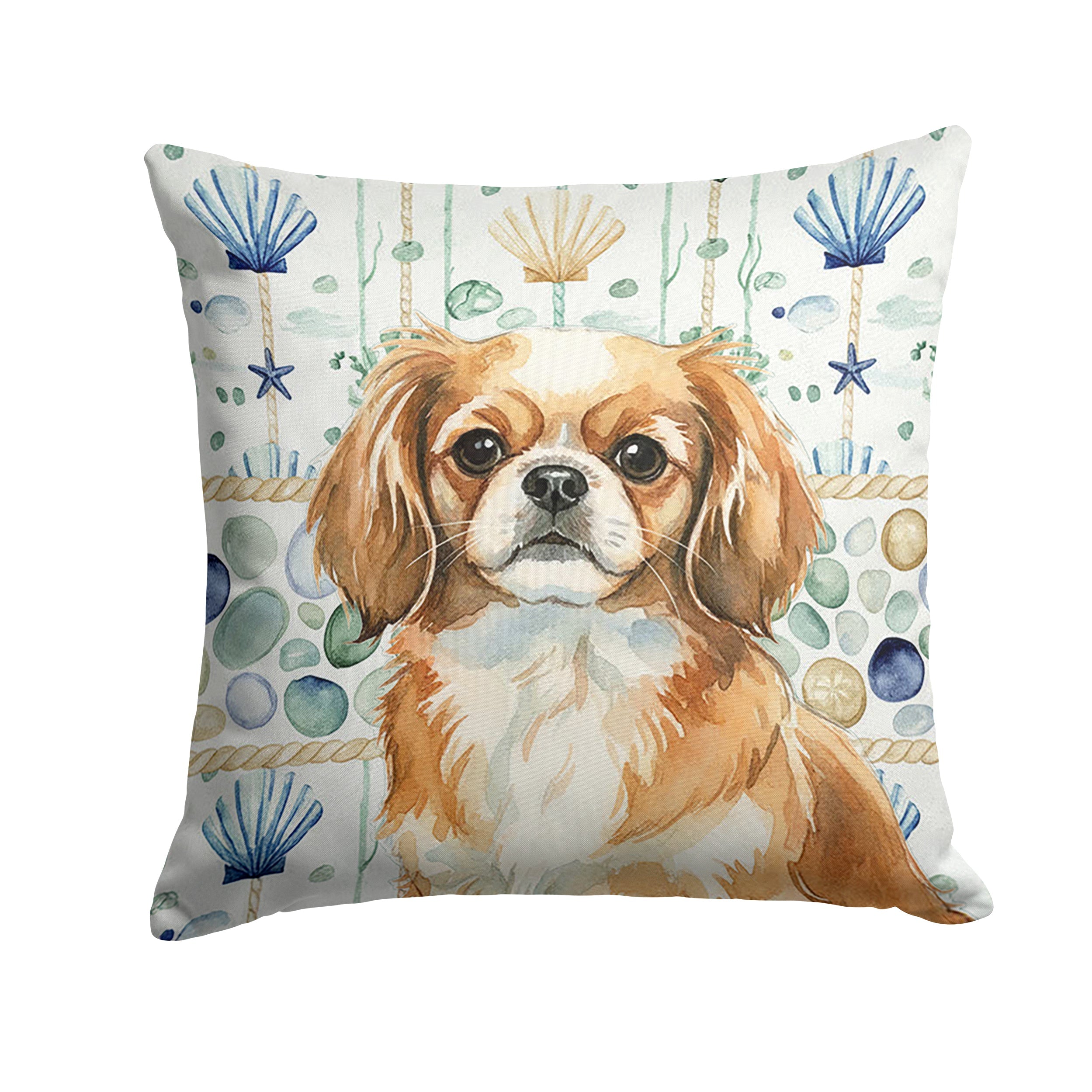 Tibetan Spaniel Coastal Sea Glass Decorative Throw Pillow 18x18 Indoor Outdoor Accent Cushion, Fabric Cover with Insert for Sofa, Bed, Porch & Living Room