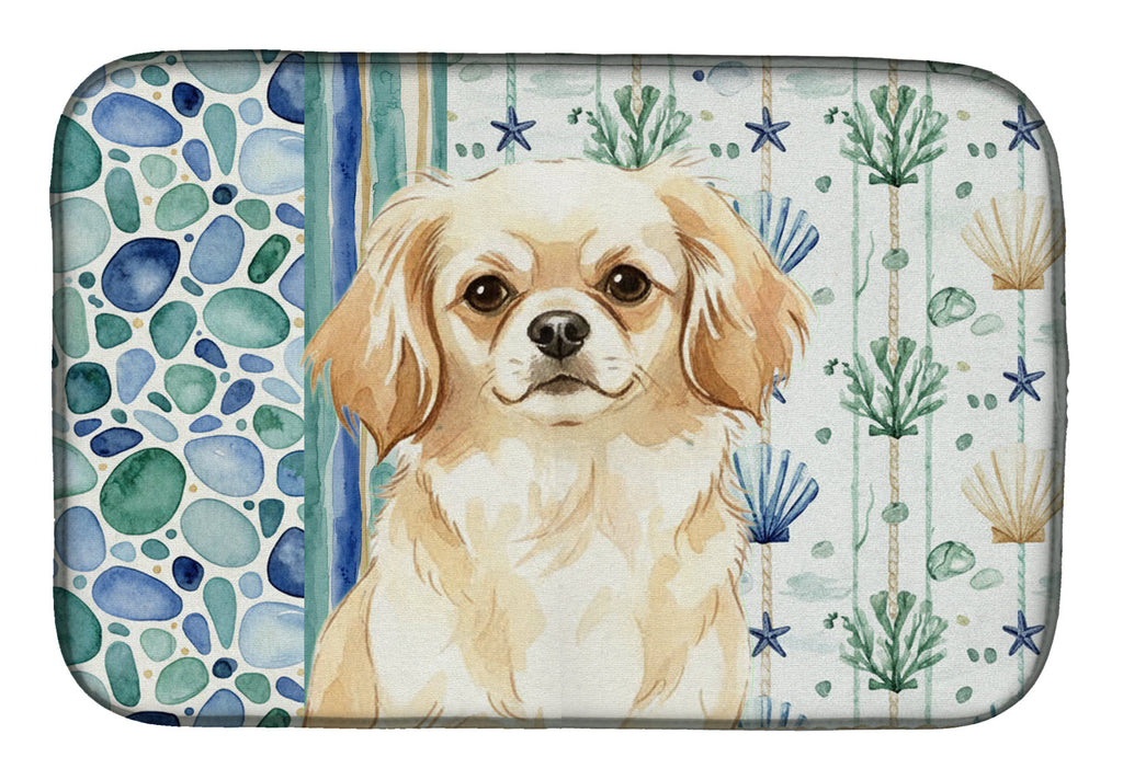 Cream Tibetan Spaniel Coastal Sea Glass Dish Drying Mat Absorbent Dish Drying Mat Pad for Kitchen Counter Dish Drainer Mat for Countertop, 14 x 21", Multicolor