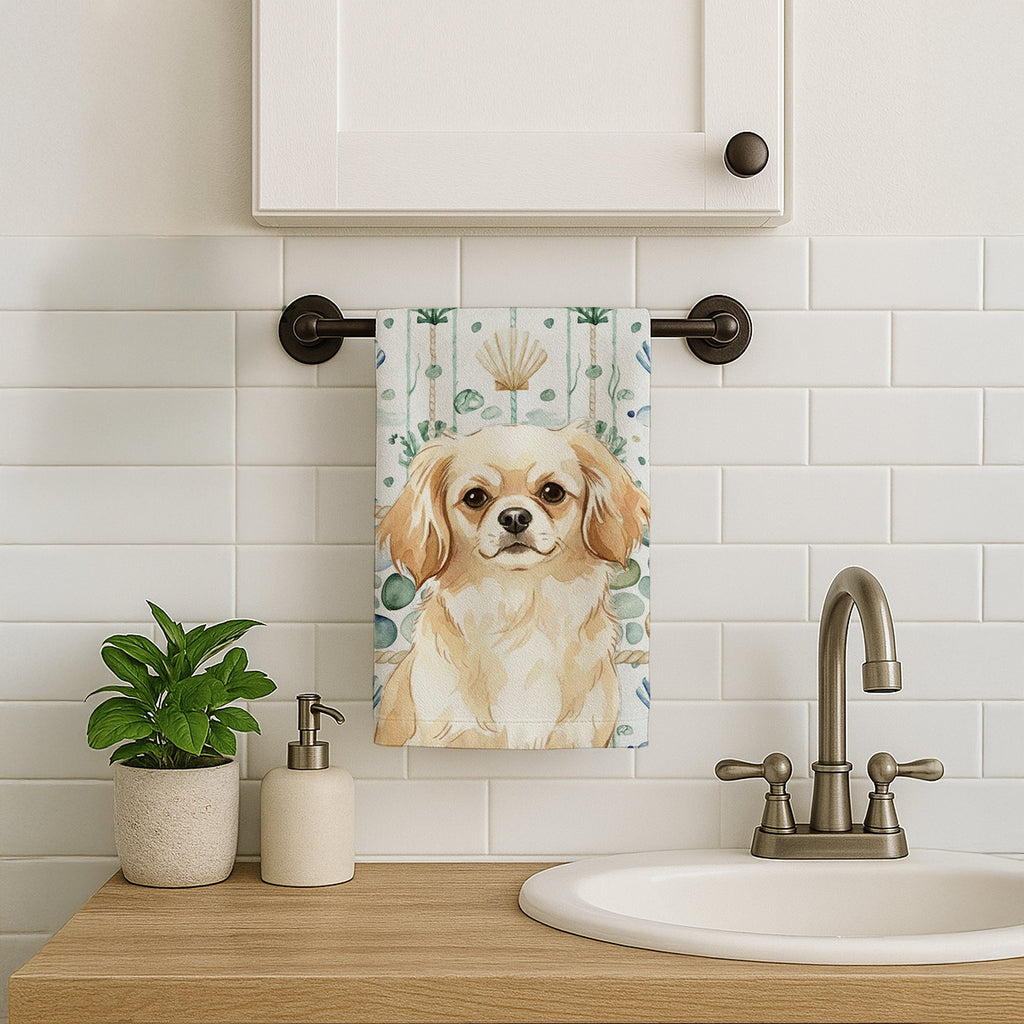 Cream Tibetan Spaniel Coastal Sea Glass Kitchen Towel Velour Plush Front and Cotton Loop Back Machine Washable
