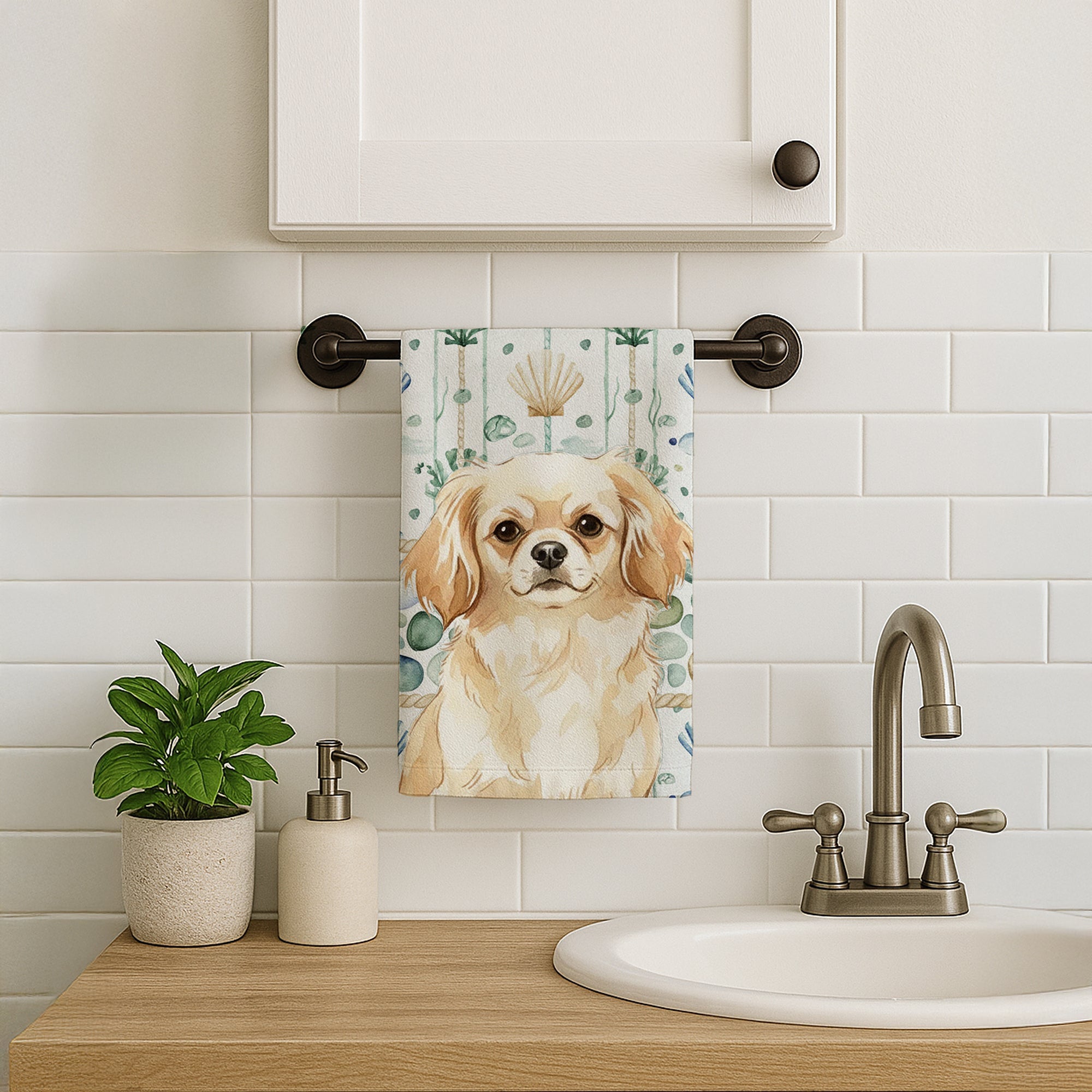Cream Tibetan Spaniel Coastal Sea Glass Kitchen Towel Velour Plush Front and Cotton Loop Back Machine Washable