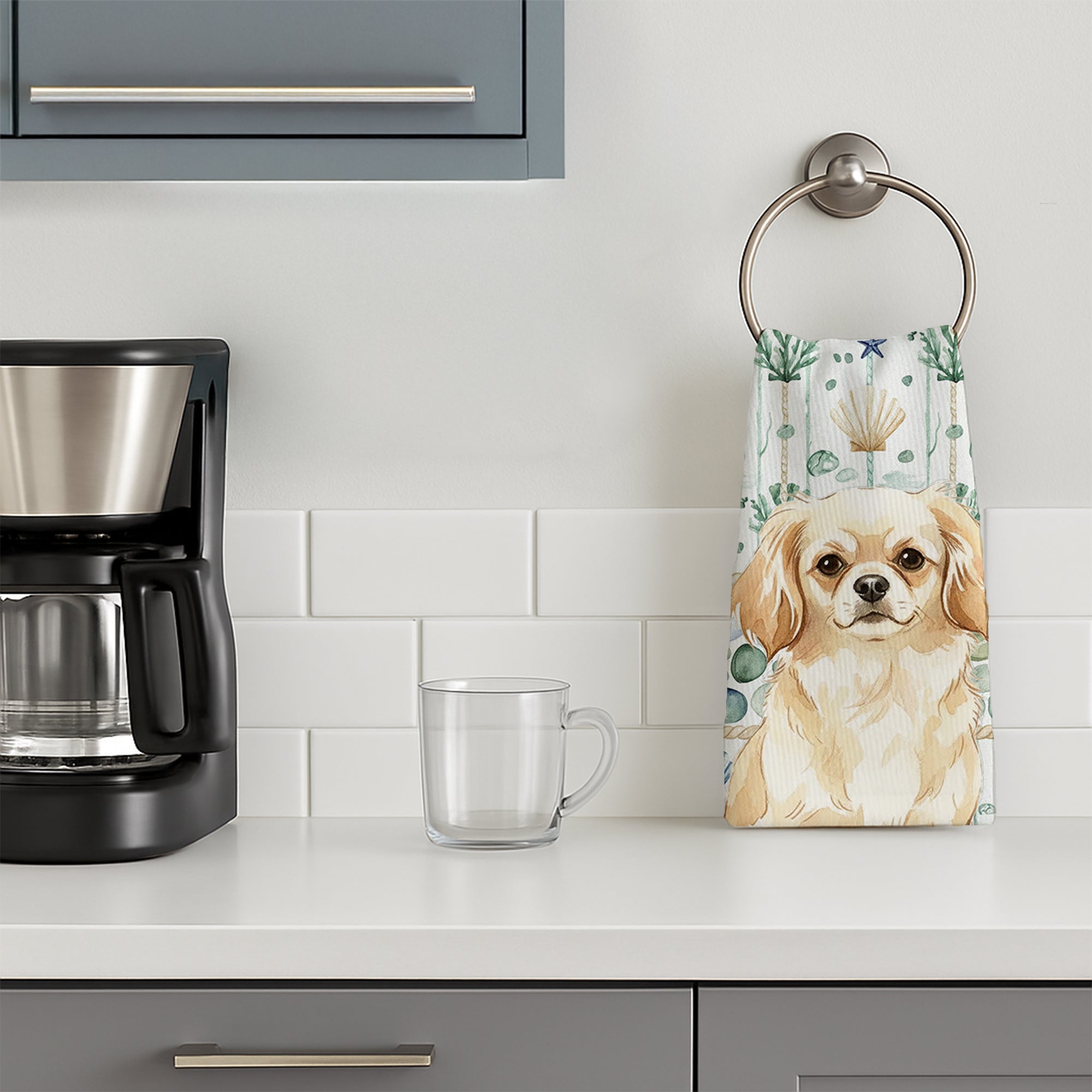Cream Tibetan Spaniel Coastal Sea Glass Kitchen Towel Velour Plush Front and Cotton Loop Back Machine Washable