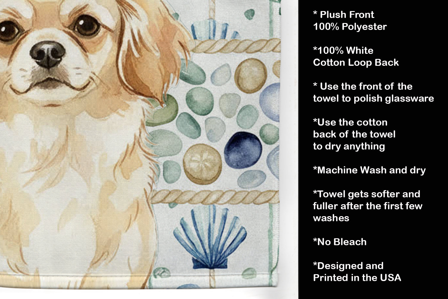 Cream Tibetan Spaniel Coastal Sea Glass Kitchen Towel Velour Plush Front and Cotton Loop Back Machine Washable