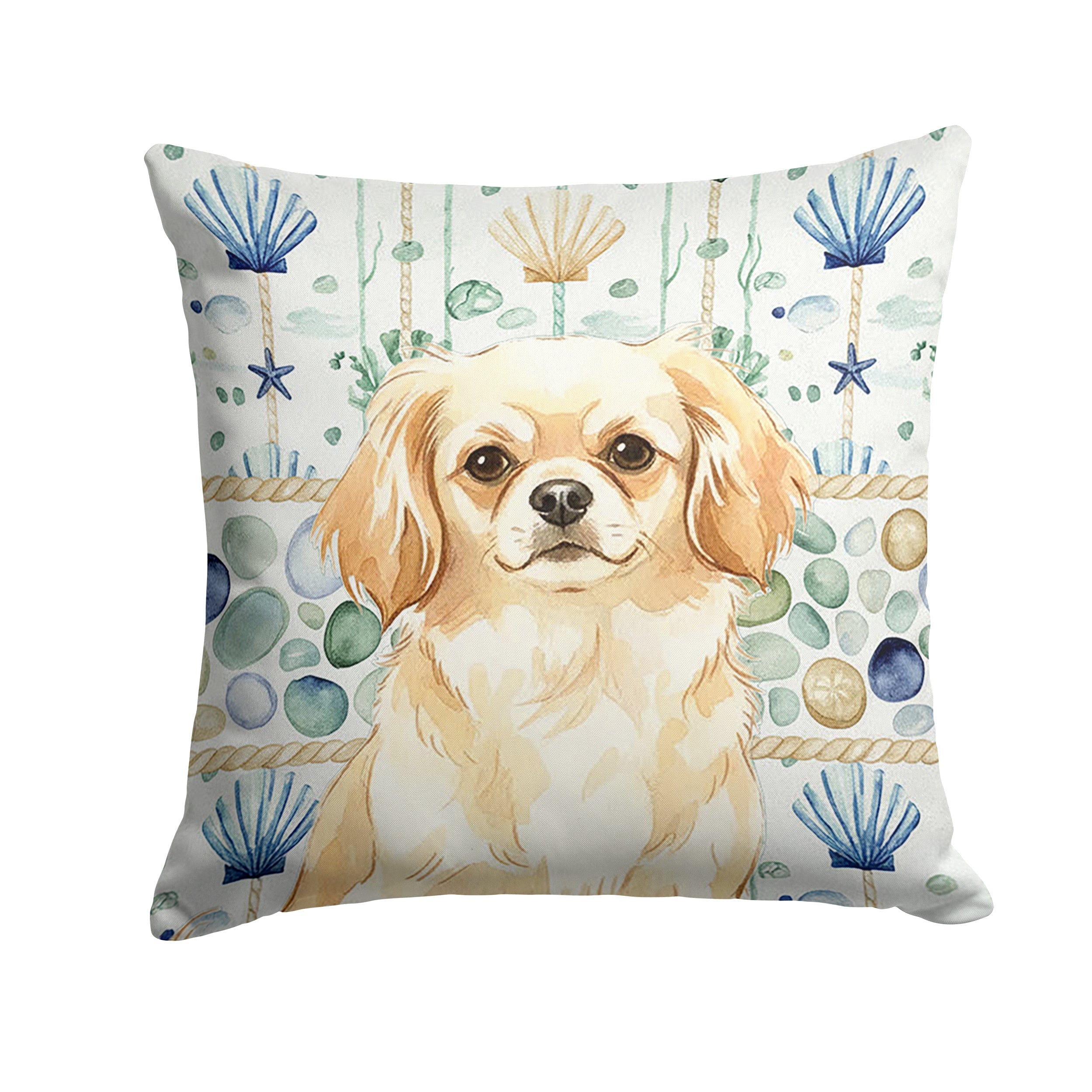 Cream Tibetan Spaniel Coastal Sea Glass Decorative Throw Pillow 14x14 Indoor Outdoor Accent Cushion, Fabric Cover with Insert for Sofa, Bed, Porch & Living Room