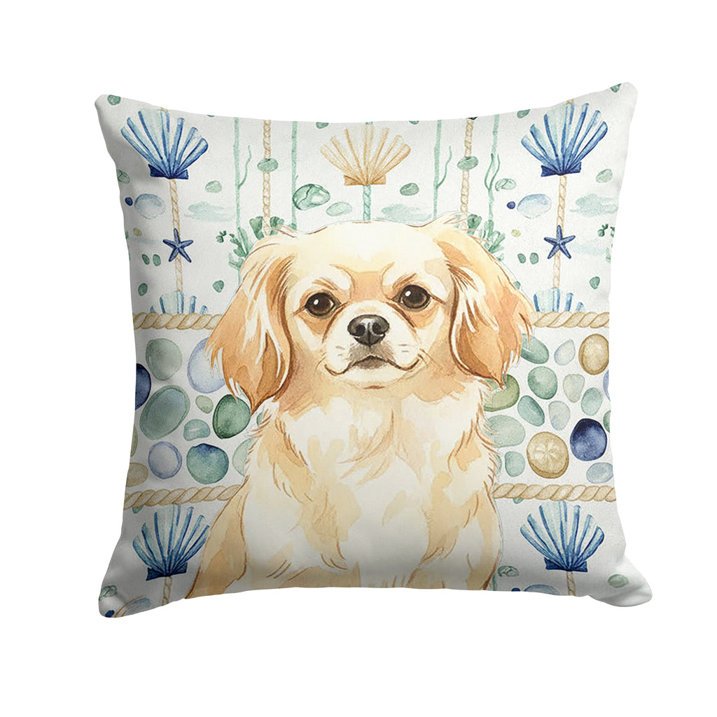 Cream Tibetan Spaniel Coastal Sea Glass Decorative Throw Pillow 18x18 Indoor Outdoor Accent Cushion, Fabric Cover with Insert for Sofa, Bed, Porch & Living Room