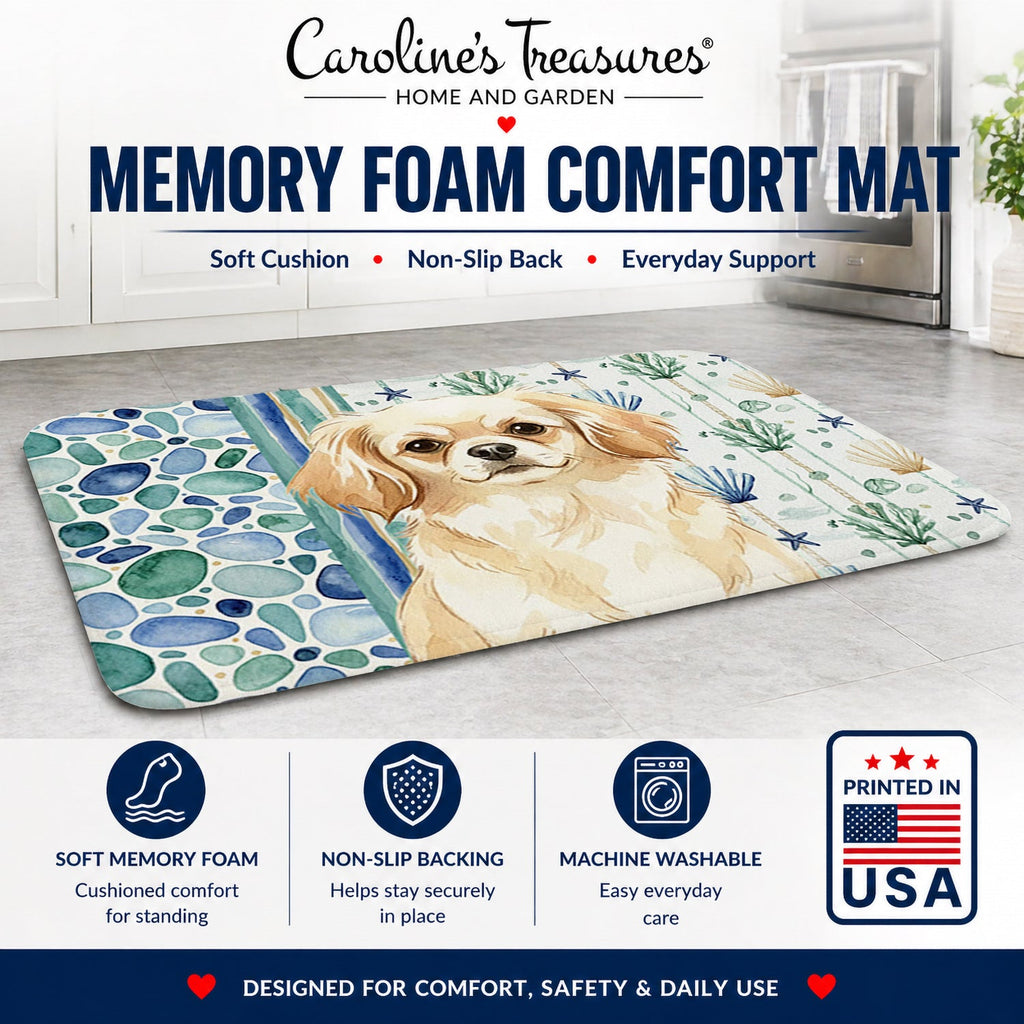 Cream Tibetan Spaniel Coastal Sea Glass Memory Foam Kitchen Mat Machine Washable Anti-Fatigue Cushion Comfort Bath or Kitchen Rug