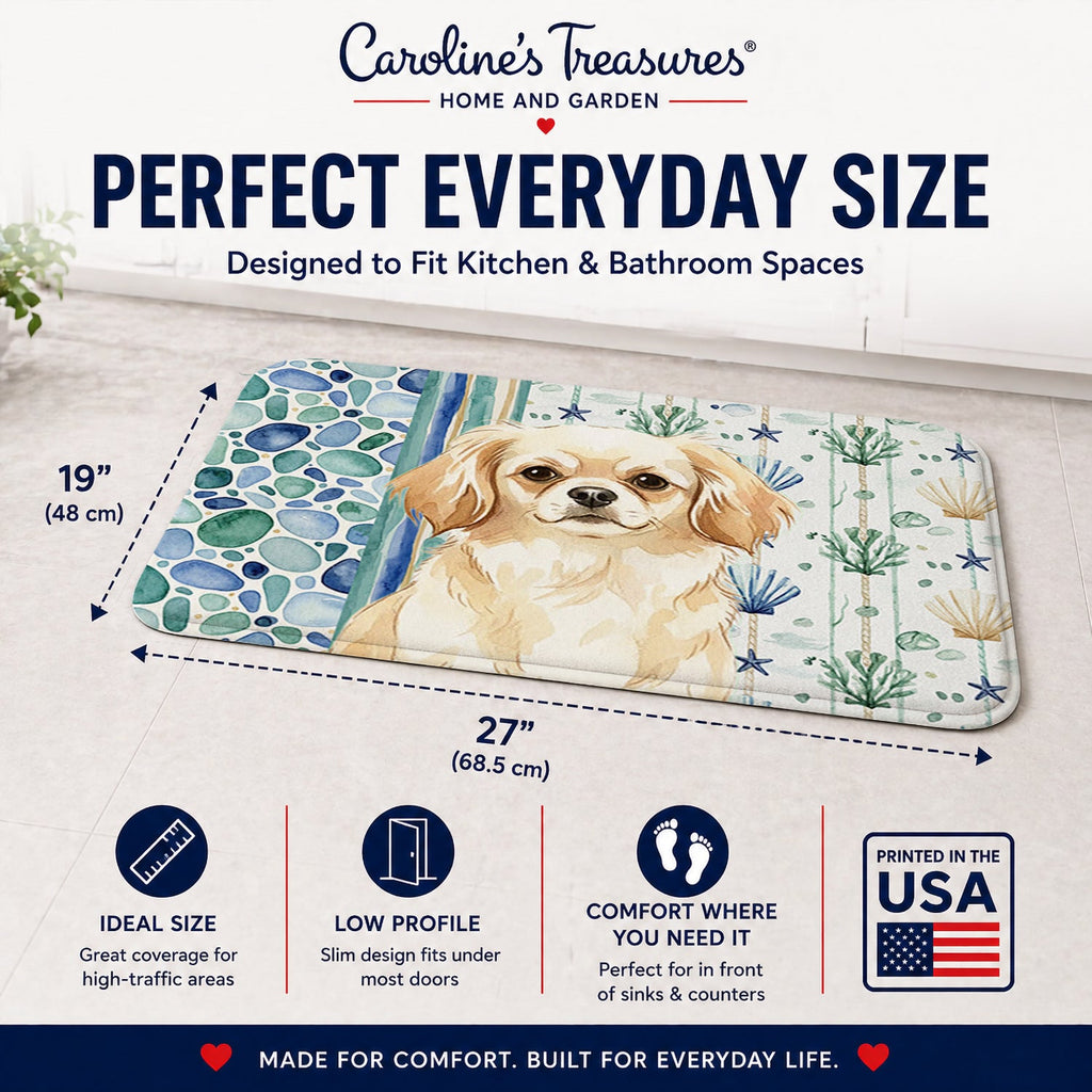 Cream Tibetan Spaniel Coastal Sea Glass Memory Foam Kitchen Mat Machine Washable Anti-Fatigue Cushion Comfort Bath or Kitchen Rug