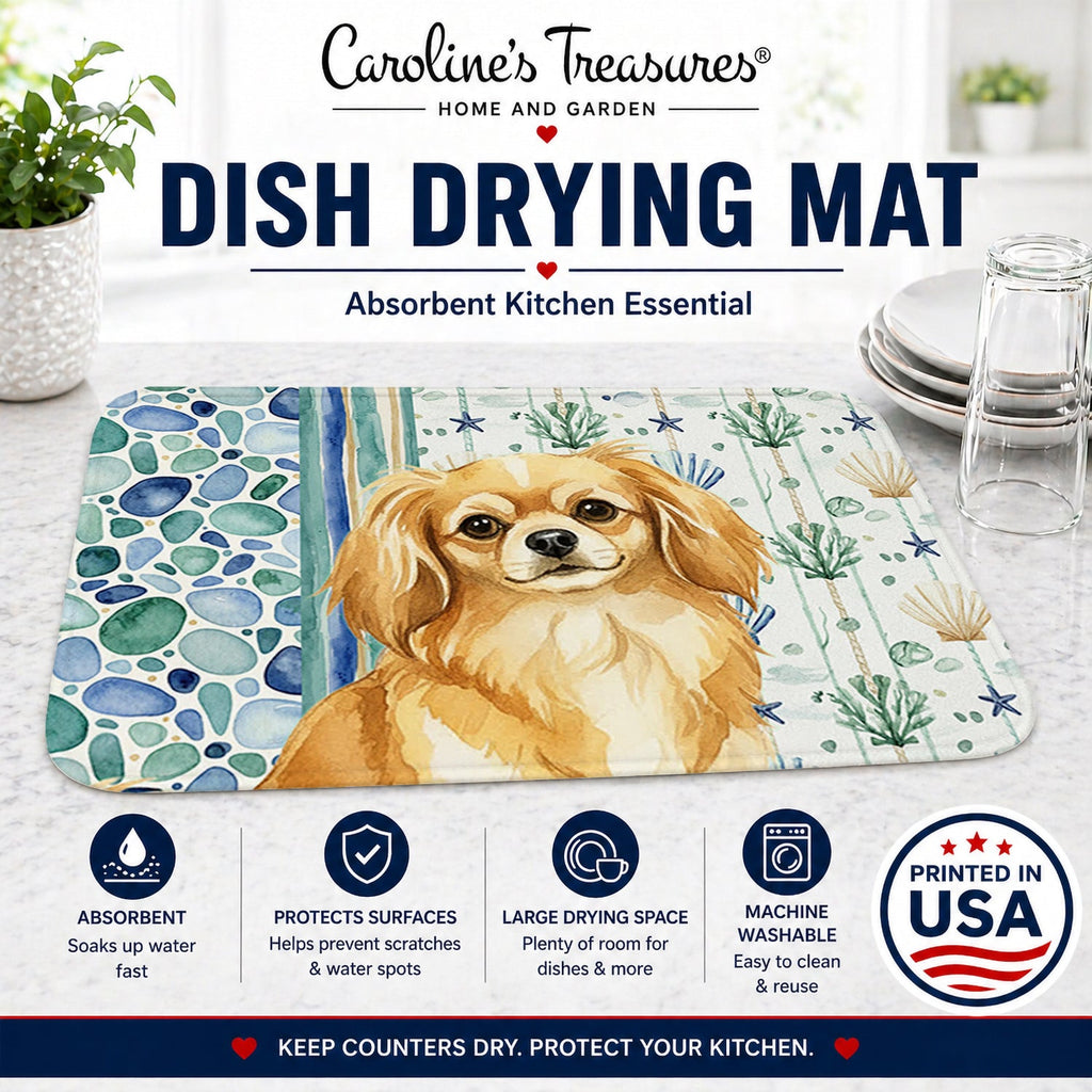 Gold Tibetan Spaniel Coastal Sea Glass Dish Drying Mat Absorbent Dish Drying Mat Pad for Kitchen Counter Dish Drainer Mat for Countertop, 14 x 21", Multicolor