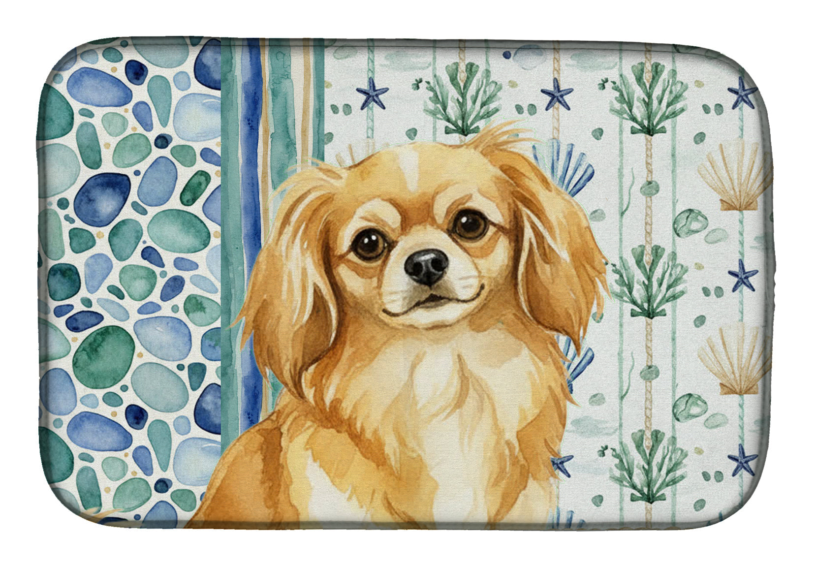 Gold Tibetan Spaniel Coastal Sea Glass Dish Drying Mat Absorbent Dish Drying Mat Pad for Kitchen Counter Dish Drainer Mat for Countertop, 14 x 21", Multicolor