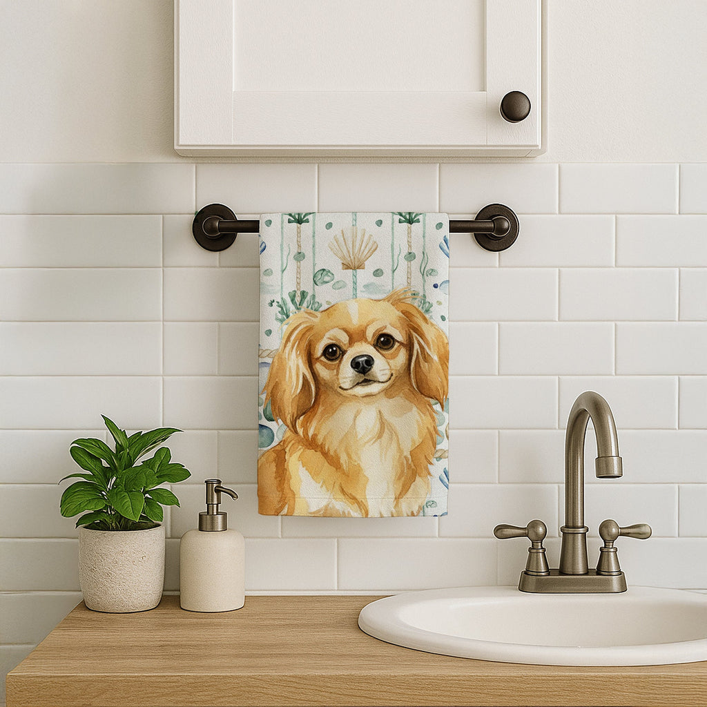 Gold Tibetan Spaniel Coastal Sea Glass Kitchen Towel Velour Plush Front and Cotton Loop Back Machine Washable