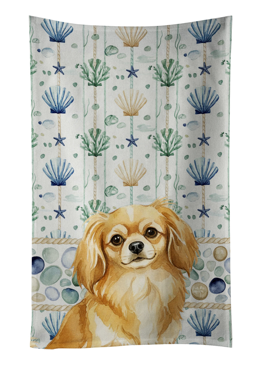 Gold Tibetan Spaniel Coastal Sea Glass Kitchen Towel Velour Plush Front and Cotton Loop Back Machine Washable