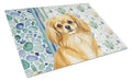 Gold Tibetan Spaniel Coastal Sea Glass Cutting Board Tempered Glass Kitchen Cutting Surface, Heat Resistant Chopping, Non-Slip Feet, Food Prep & Serving