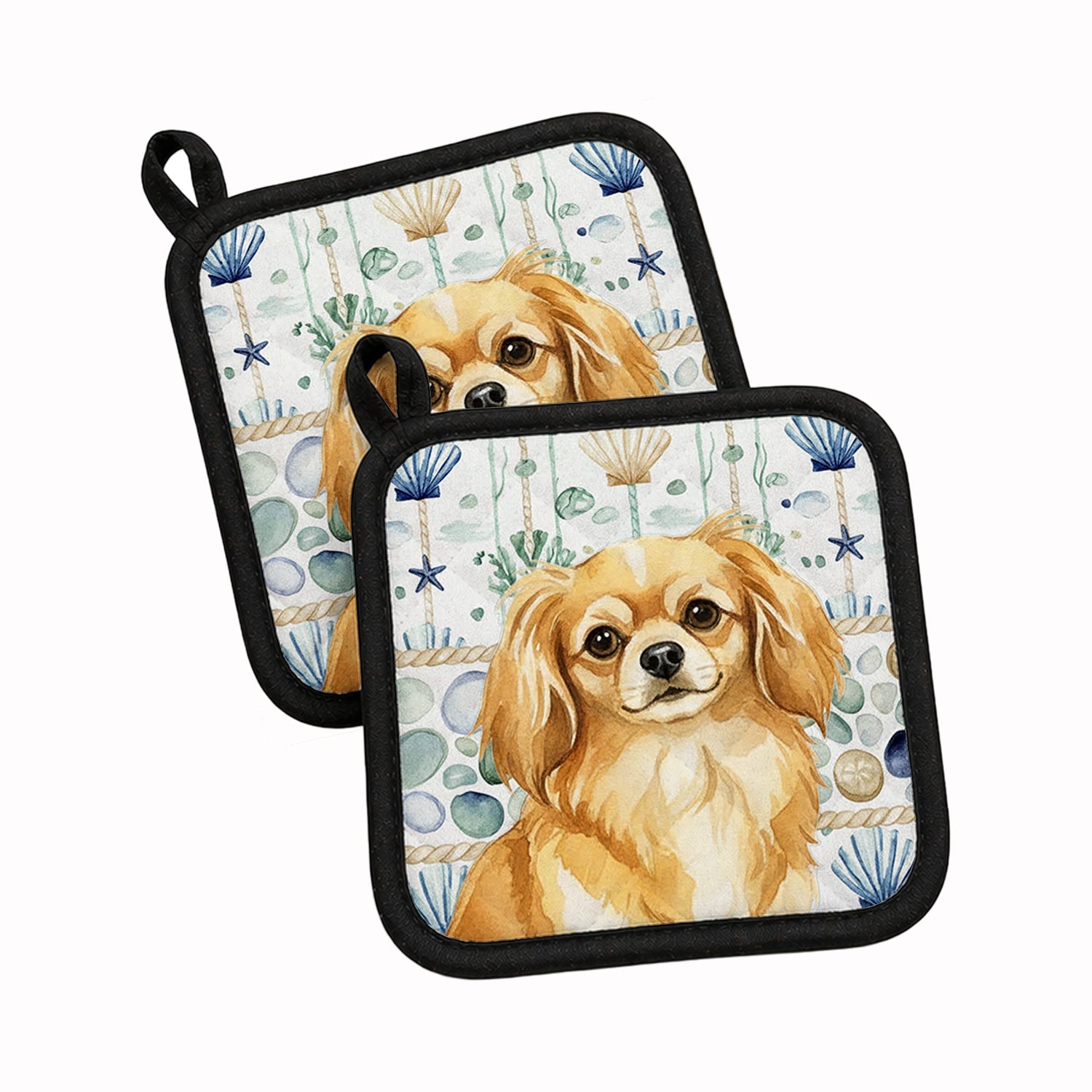 Gold Tibetan Spaniel Coastal Sea Glass Pot Holder Set of 2 Heat Resistant Quilted Hot Pads 7.5 x 7.5 Inch, Insulated Kitchen Trivets for Cooking & Baking