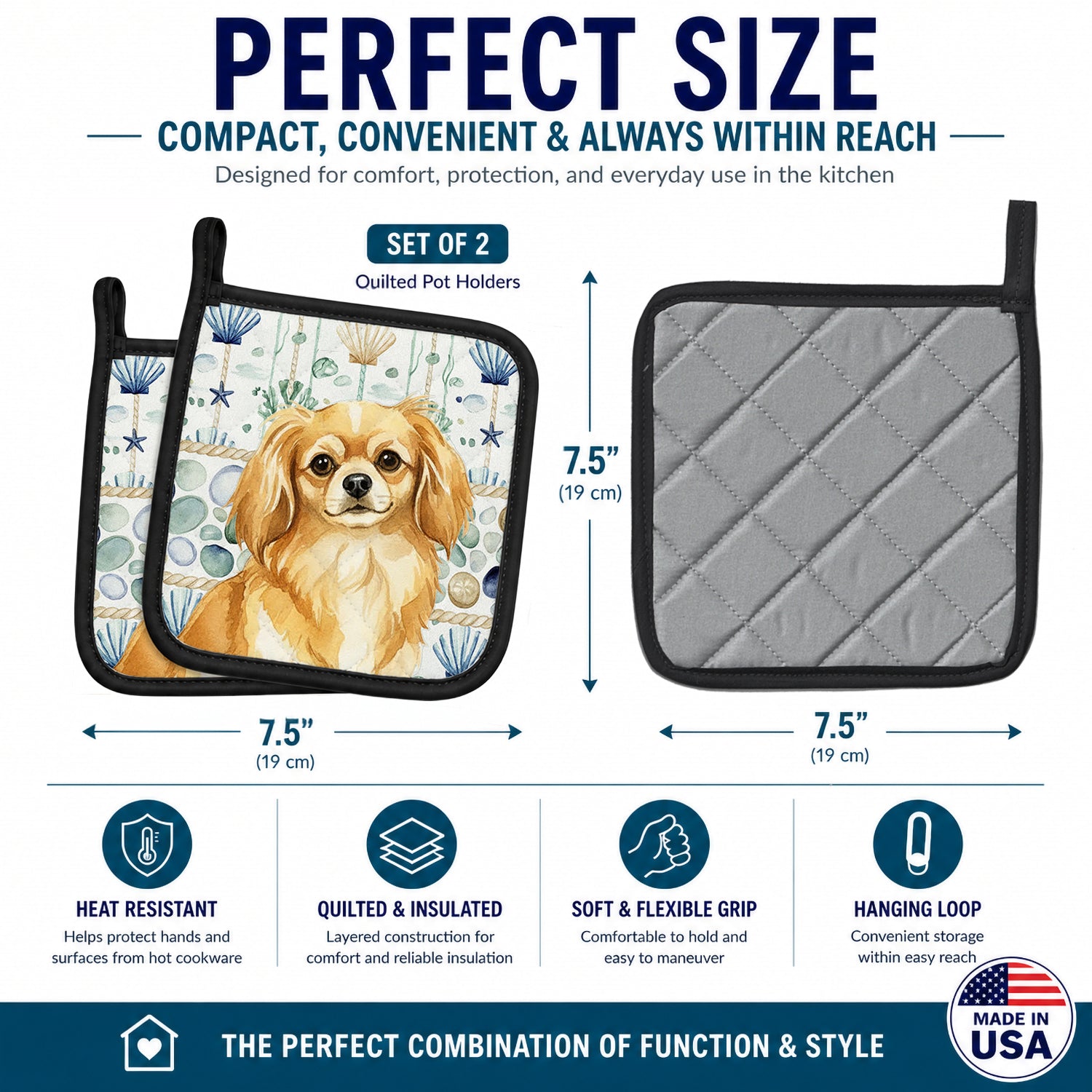 Gold Tibetan Spaniel Coastal Sea Glass Pot Holder Set of 2 Heat Resistant Quilted Hot Pads 7.5 x 7.5 Inch, Insulated Kitchen Trivets for Cooking & Baking
