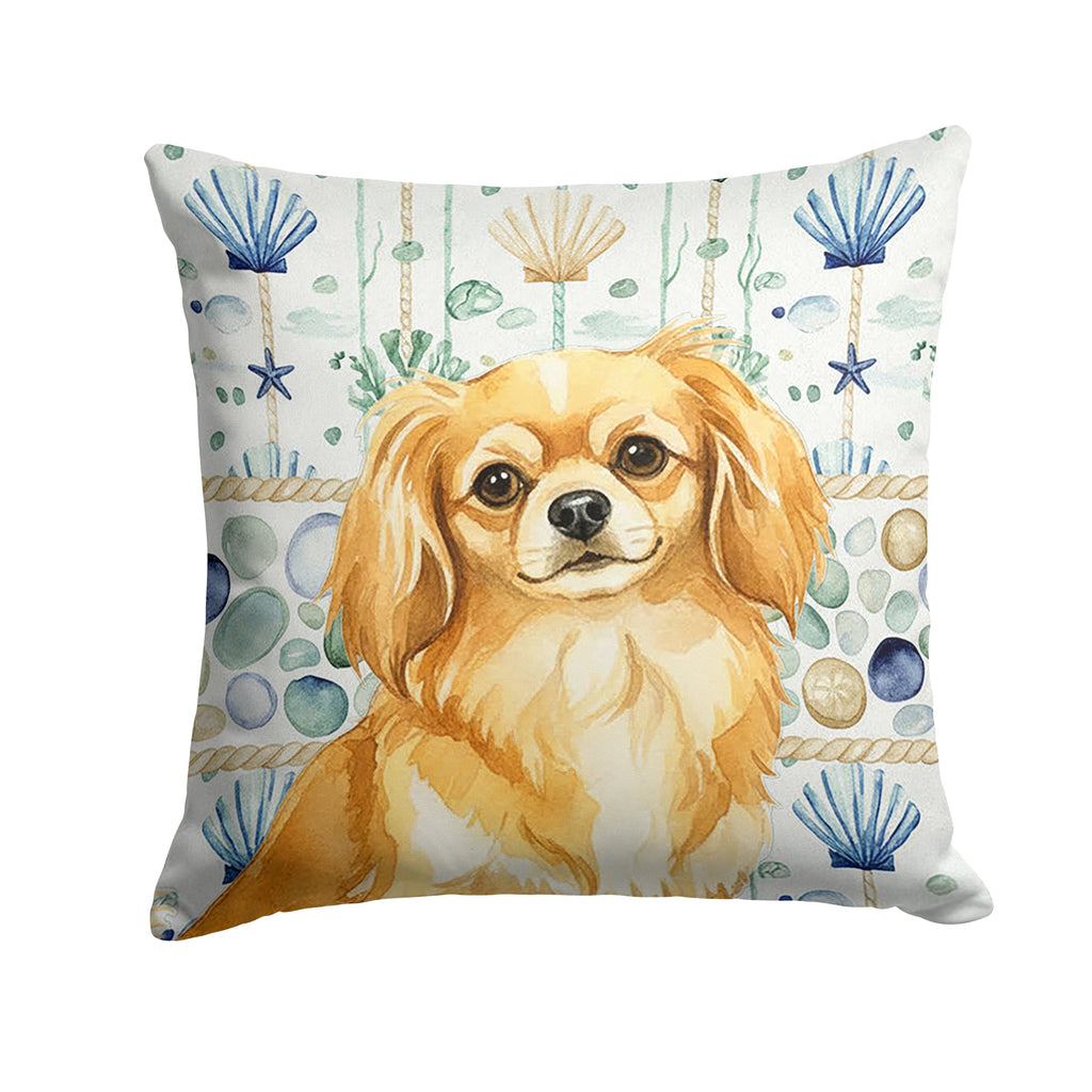 Gold Tibetan Spaniel Coastal Sea Glass Decorative Throw Pillow 14x14 Indoor Outdoor Accent Cushion, Fabric Cover with Insert for Sofa, Bed, Porch & Living Room
