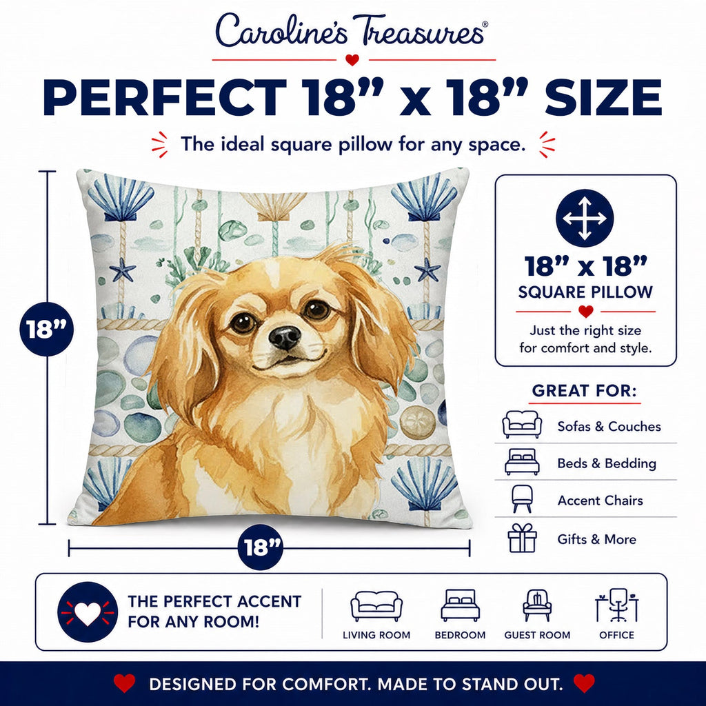 Gold Tibetan Spaniel Coastal Sea Glass Decorative Throw Pillow 18x18 Indoor Outdoor Accent Cushion, Fabric Cover with Insert for Sofa, Bed, Porch & Living Room