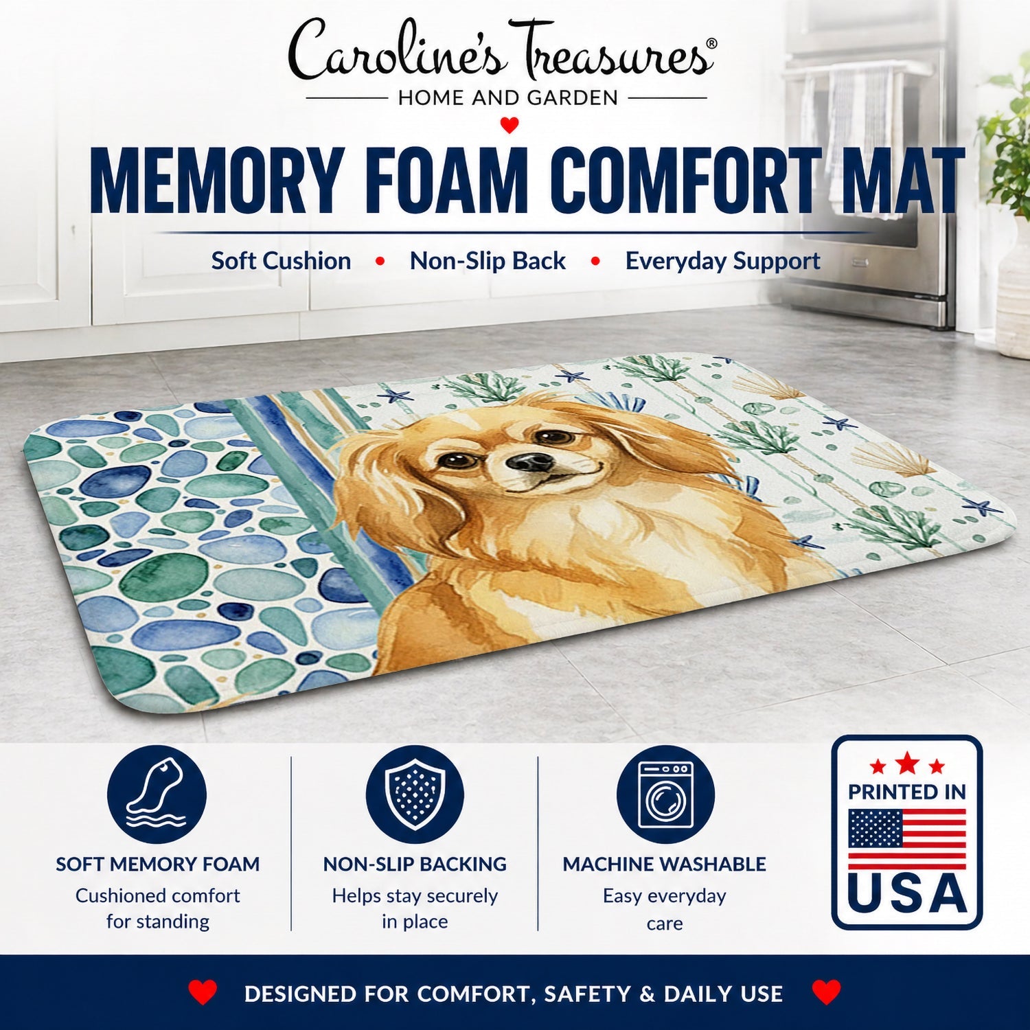 Gold Tibetan Spaniel Coastal Sea Glass Memory Foam Kitchen Mat Machine Washable Anti-Fatigue Cushion Comfort Bath or Kitchen Rug