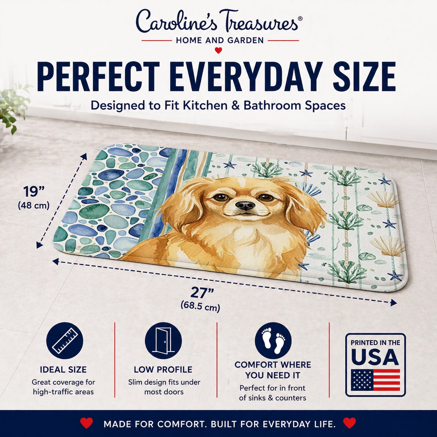 Gold Tibetan Spaniel Coastal Sea Glass Memory Foam Kitchen Mat Machine Washable Anti-Fatigue Cushion Comfort Bath or Kitchen Rug