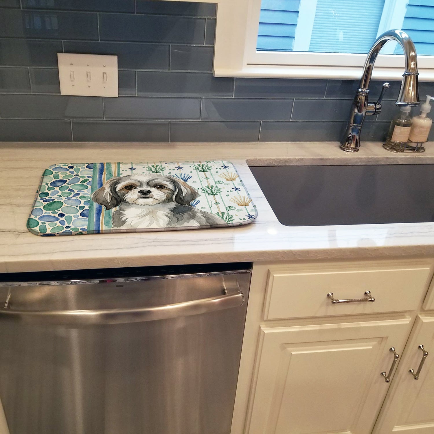 Grey and White Tibetan Spaniel Coastal Sea Glass Dish Drying Mat Absorbent Dish Drying Mat Pad for Kitchen Counter Dish Drainer Mat for Countertop, 14 x 21", Multicolor
