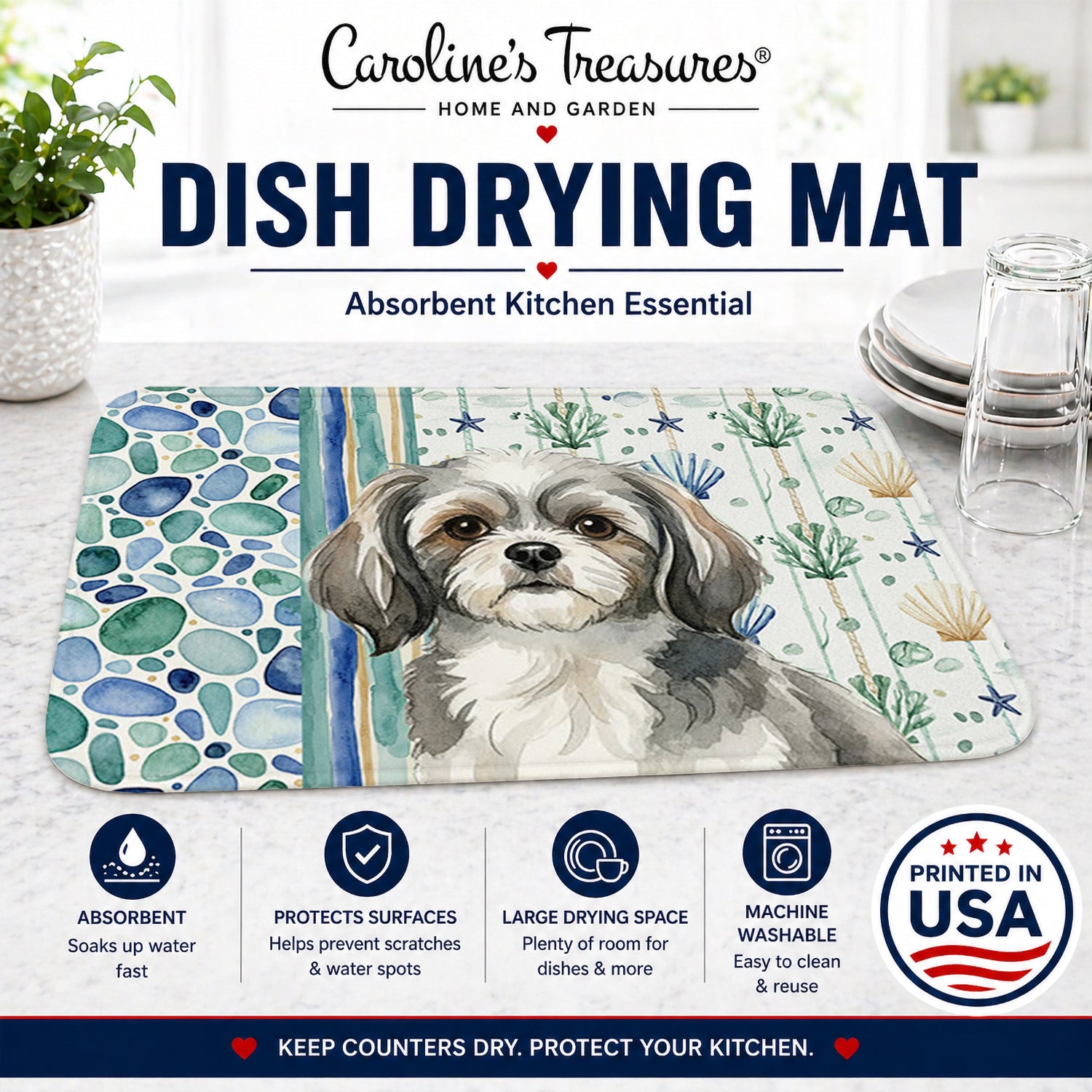Grey and White Tibetan Spaniel Coastal Sea Glass Dish Drying Mat Absorbent Dish Drying Mat Pad for Kitchen Counter Dish Drainer Mat for Countertop, 14 x 21", Multicolor