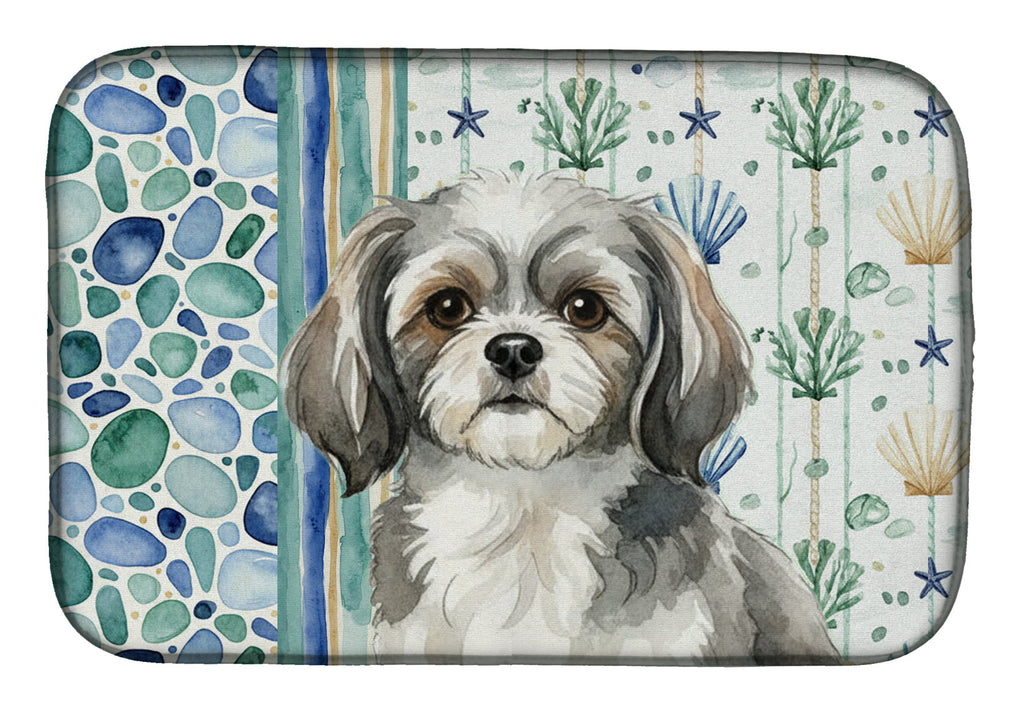Grey and White Tibetan Spaniel Coastal Sea Glass Dish Drying Mat Absorbent Dish Drying Mat Pad for Kitchen Counter Dish Drainer Mat for Countertop, 14 x 21", Multicolor