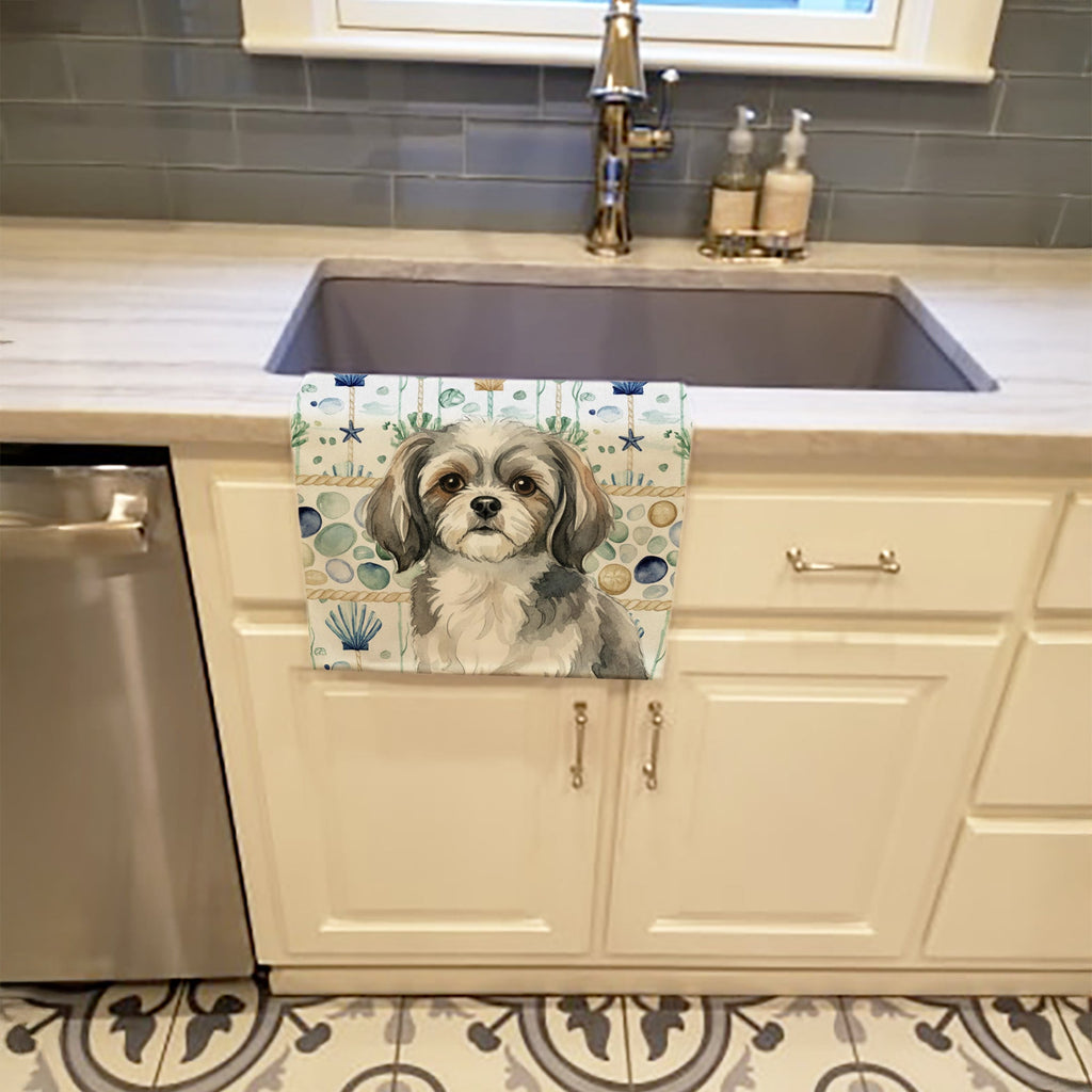 Grey and White Tibetan Spaniel Coastal Sea Glass Kitchen Towel Velour Plush Front and Cotton Loop Back Machine Washable